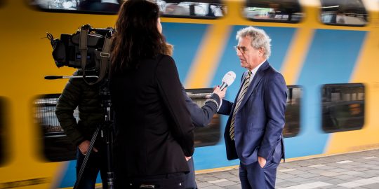 Roger van Boxtel op station Bilthoven, na afloop van de presentatie van de jaarcijfers over 2018 van de Nederlandse Spoorwegen.