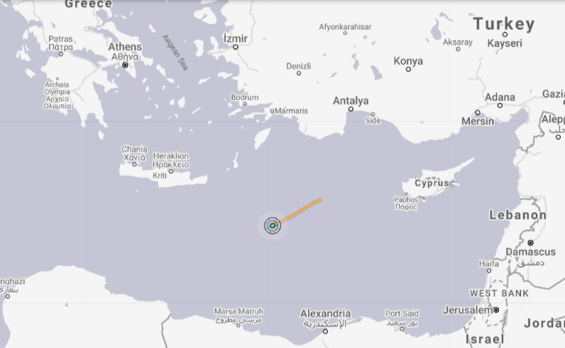 De positie van de Oruç Reis op 11 augustus 2020 om 15.45 uur. Bron: <a href="https://www.marinetraffic.com/en/ais/home/centerx:25.9/centery:34.9/zoom:6" target="_blank">Marine Traffic</a>