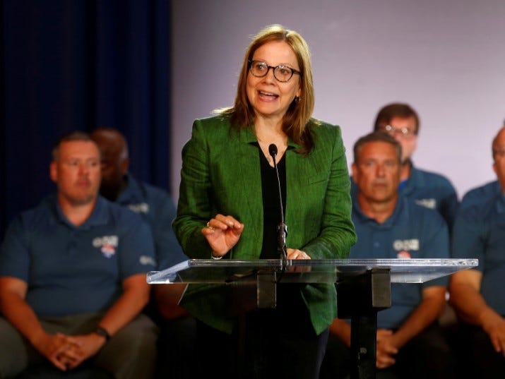 FILE PHOTO: General Motors Chairman and CEO Mary Barra makes a statement as members of the United Auto Workers bargaining committee listen at the start of contract talks between the union and automaker in Detroit, Michigan, U.S., July 16, 2019. REUTERS/Rebecca Cook/File Photo