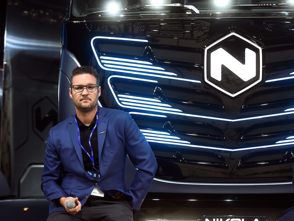 Nikola chairman Trevor Milton with CNH Industrial CEO Hubertus Muhlhauser at an event in Italy