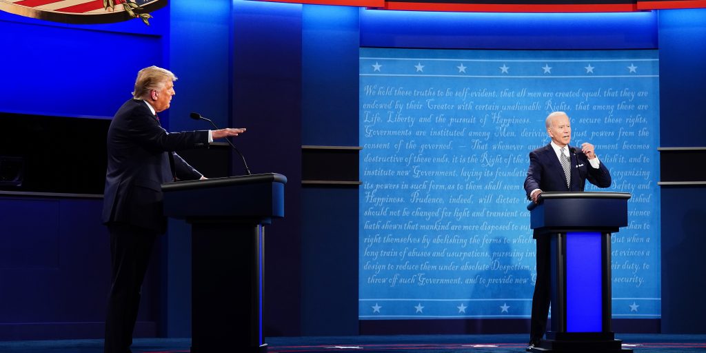 Donald Trump en Joe Biden tijdens hun eerste debat op 29 september 2020.
