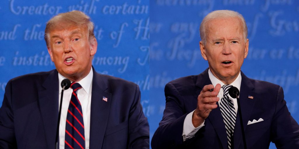 Donald Trump en Joe Biden tijdens het eerste presidentiële debat