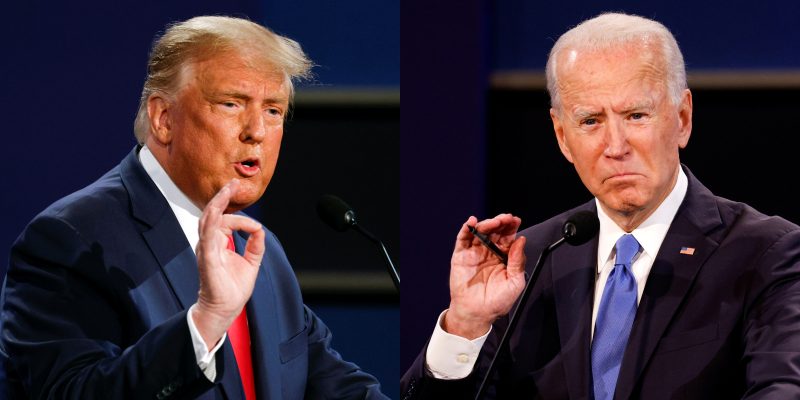 Donald Trump en Joe Biden tijdens het tweede presidentiële debat op 22 oktober 2020.