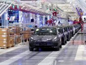 Tesla China-made Model 3 vehicles are seen during a delivery event at its factory in Shanghai.