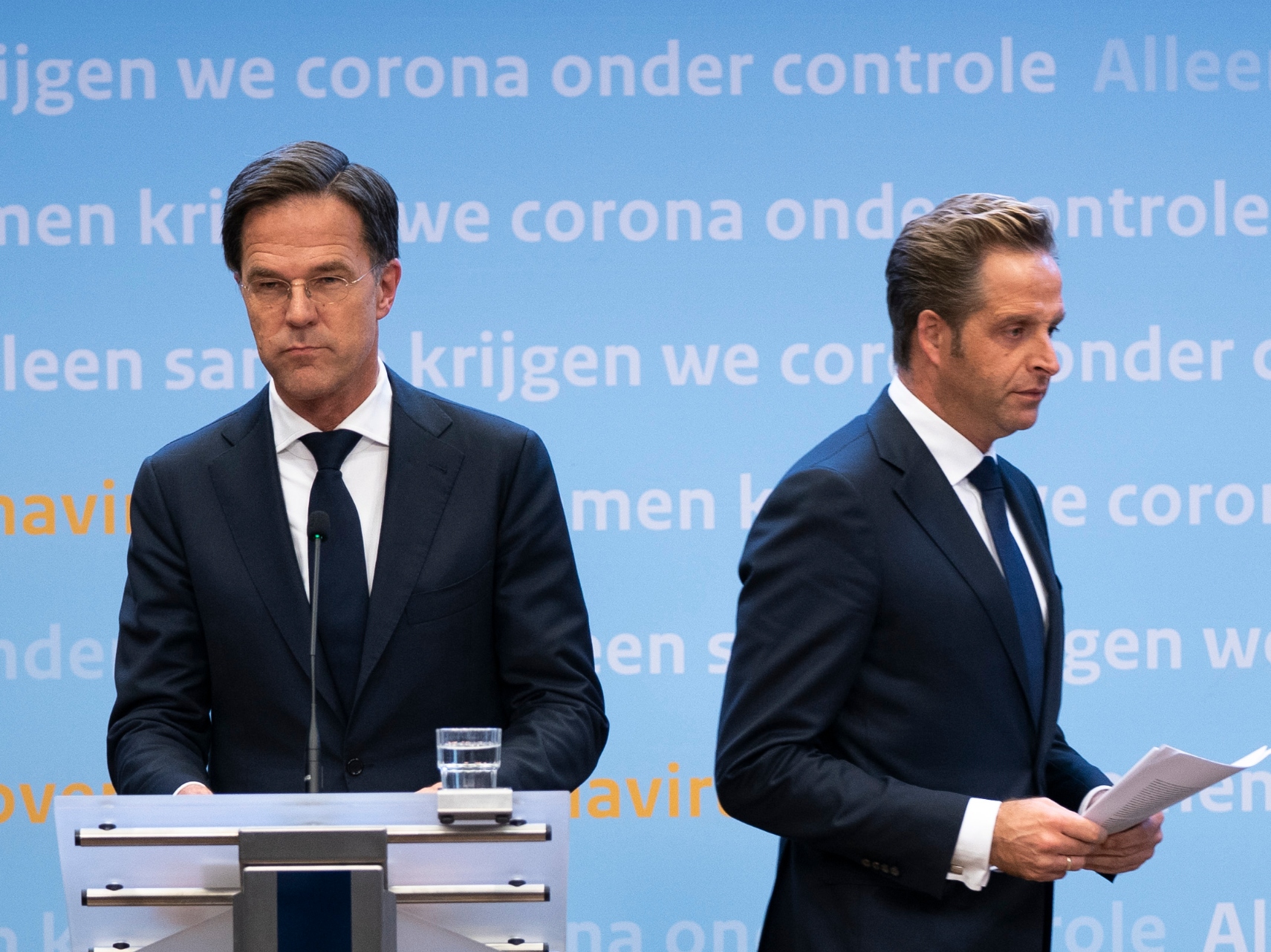 Premier Mark Rutte en minister Hugo de Jonge (Volksgezondheid, Welzijn en Sport)