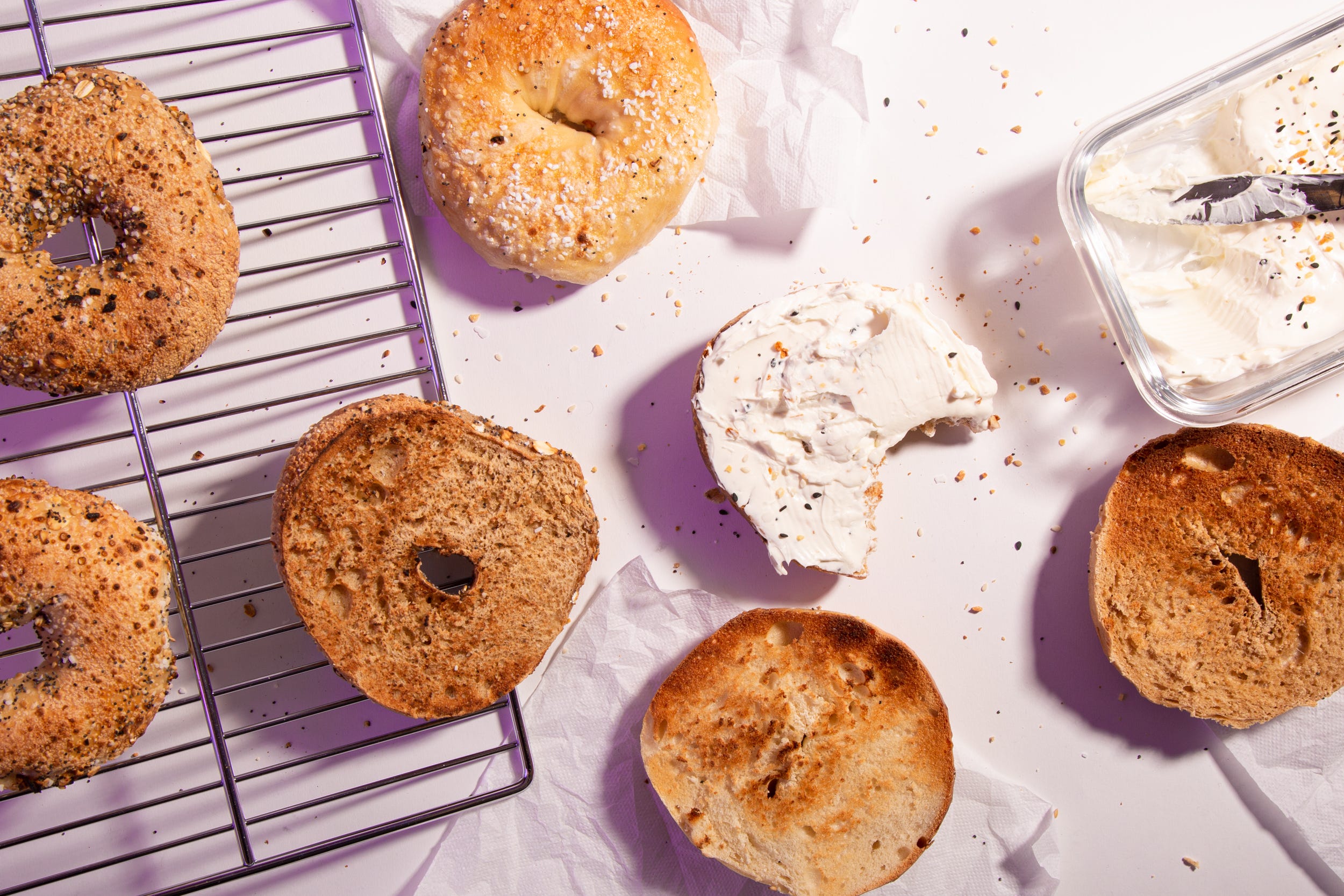 bagels cream cheese breakfast food everything seasoning editorial