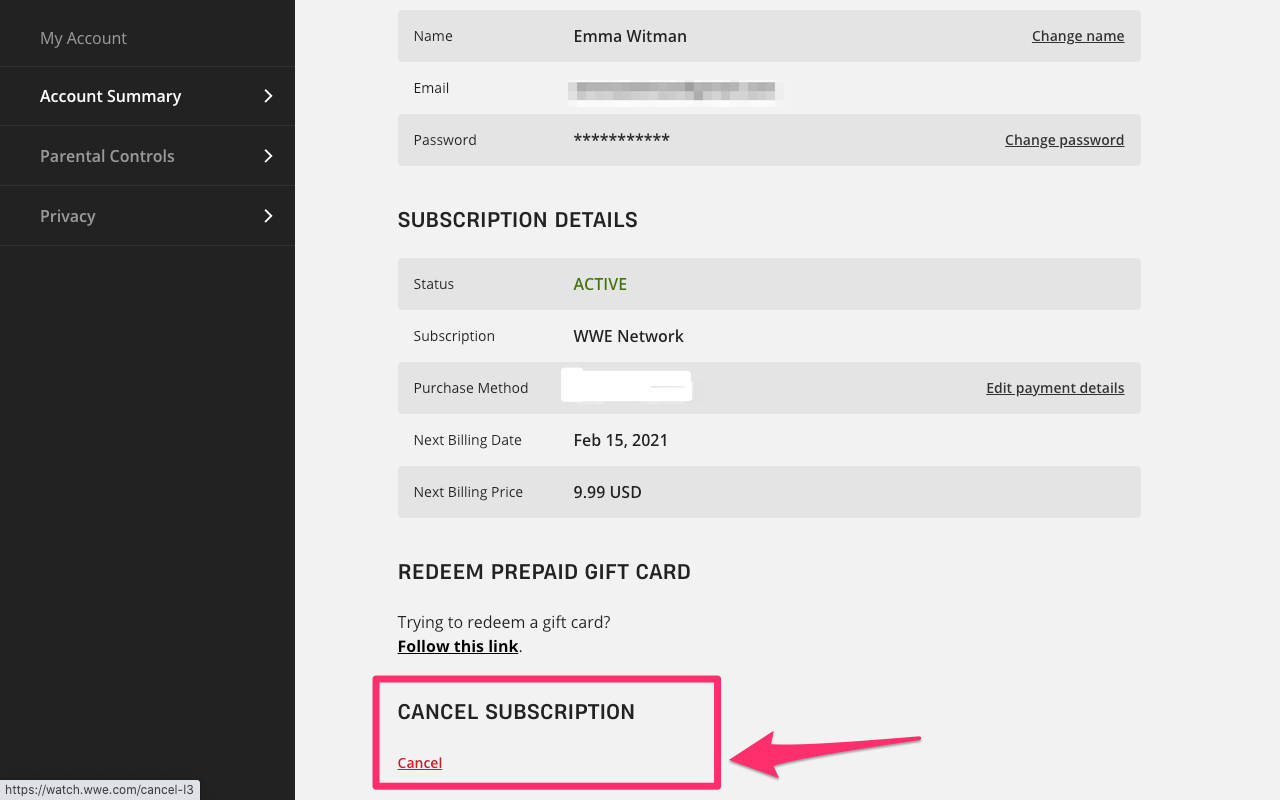 Cancel my wwe online network subscription