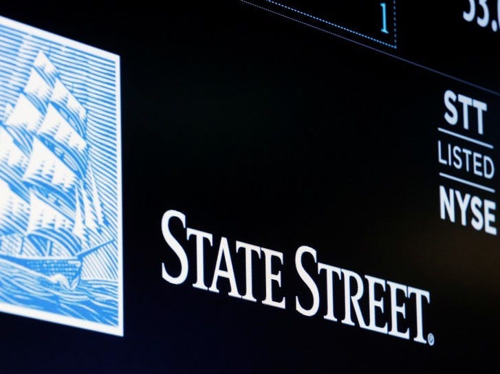 The ticker and logo for State Street Corporation is displayed on a screen at the post where it's traded on the floor of the New York Stock Exchange (NYSE) in New York City, U.S., June 30, 2016.  REUTERS/Brendan McDermid