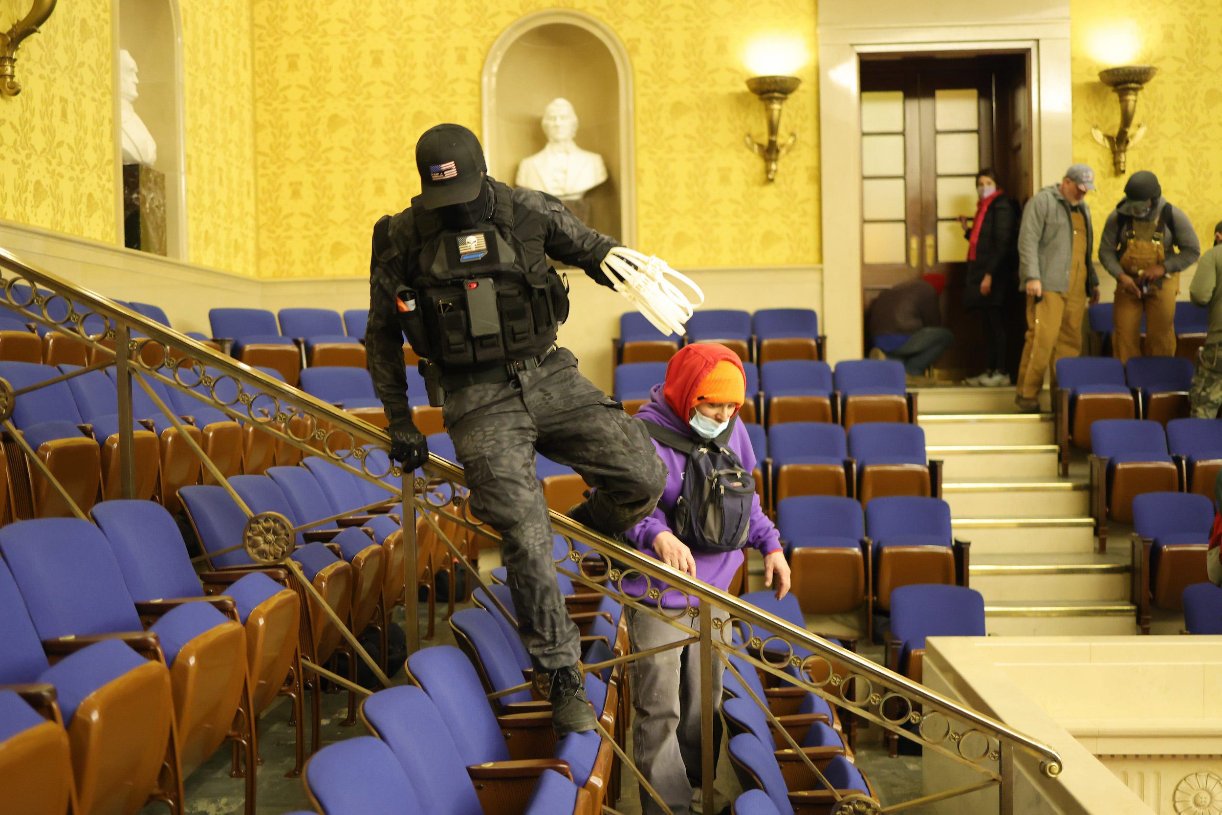 Protesters enter the Senate Chamber on January 06, 2021 in Washington, DC. Congress held a joint session today to ratify President-elect Joe Biden's 306-232 Electoral College win over President Donald Trump. Pro-Trump protesters have entered the U.S. Capitol building after mass demonstrations in the nation's capital.