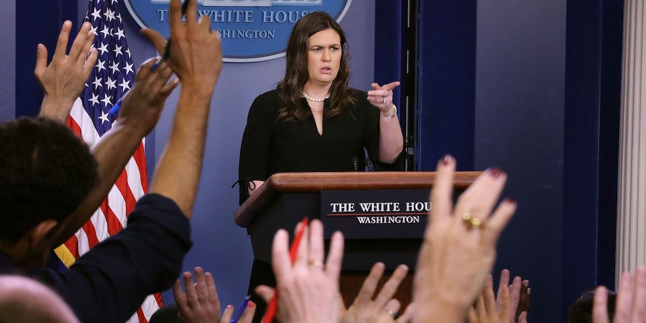 White House Press Secretary Sarah Huckabee Sanders calls on reporters during a news conference in the Brady Press Briefing Room at the White House March 12, 2018 in Washington, DC.