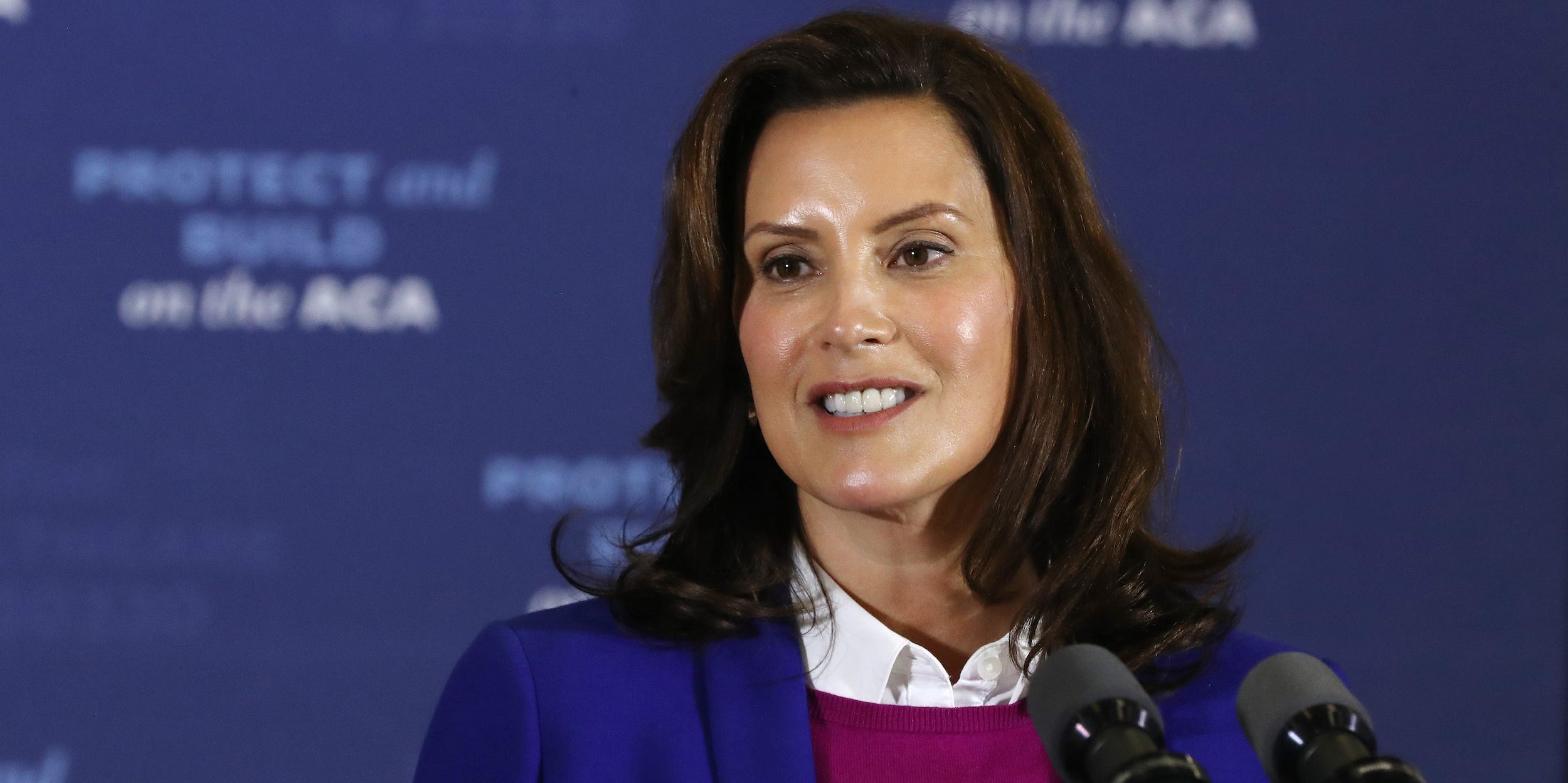 Gov. Gretchen Whitmer introduces Democratic presidential nominee Joe Biden delivers remarks about health care at Beech Woods Recreation Center October 16, 2020 in Southfield, Michigan.