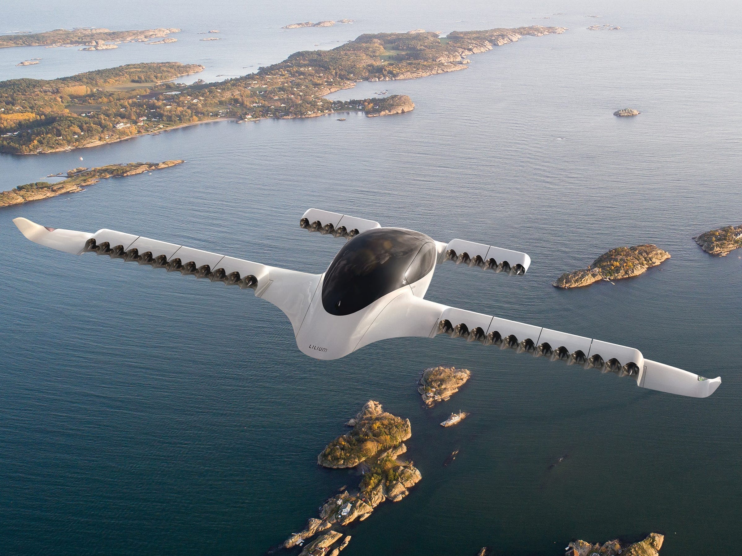Lilium J013 air taxi flying over islands
