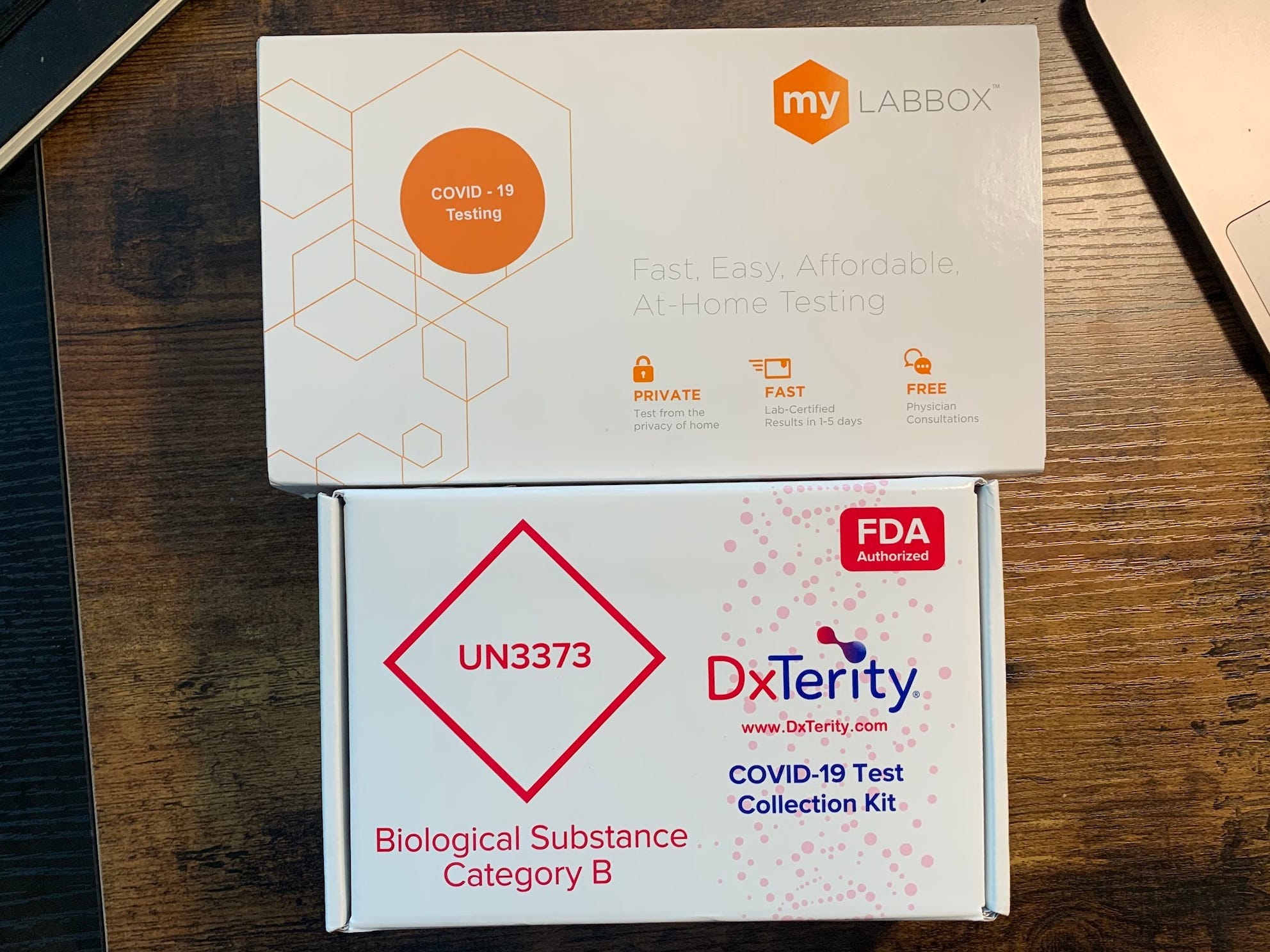 DxTerity mylab box mail-in COVID-19 testing kit.