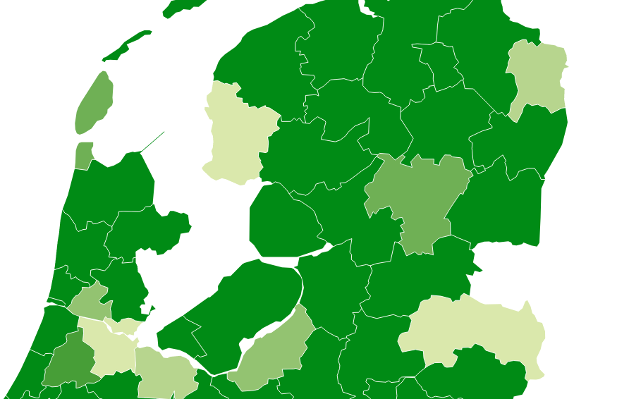 Heel Nederland kleurt groen bij de ontwikkeling van de huizenprijs op jaarbasis. Ofwel: in alle regio's zijn de prijzen gestegen.