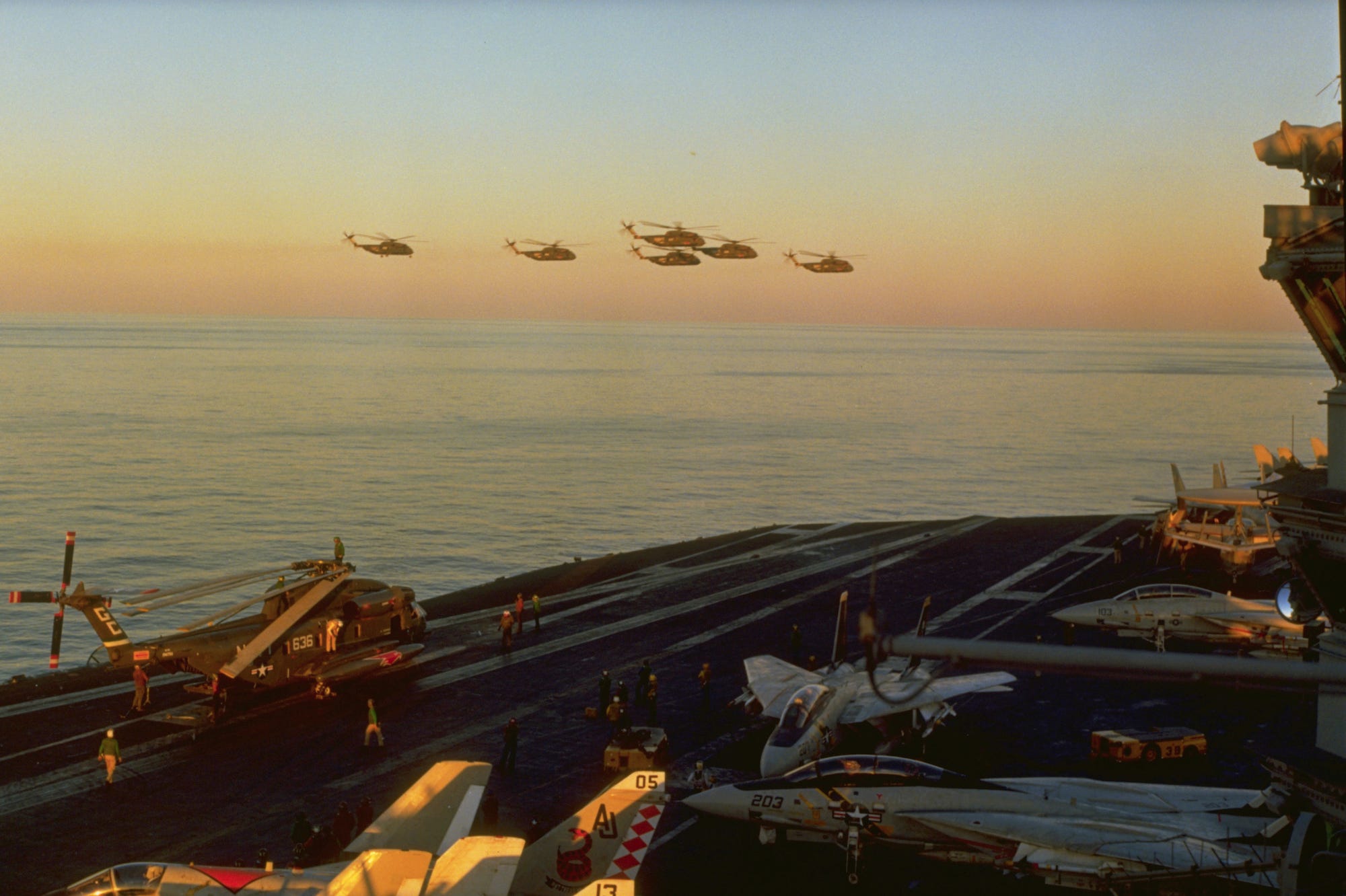 Navy aircraft carrier Nimitz helicopters Evening Light