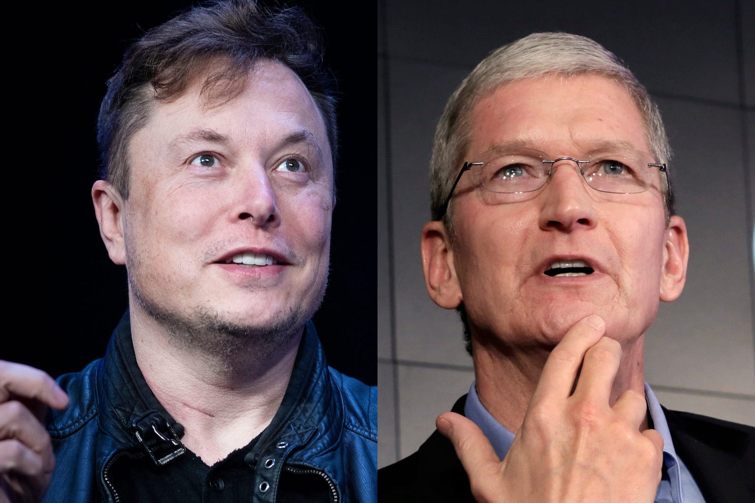 Tesla-oprichter Elon Musk en Apple-baas Tim Cook.