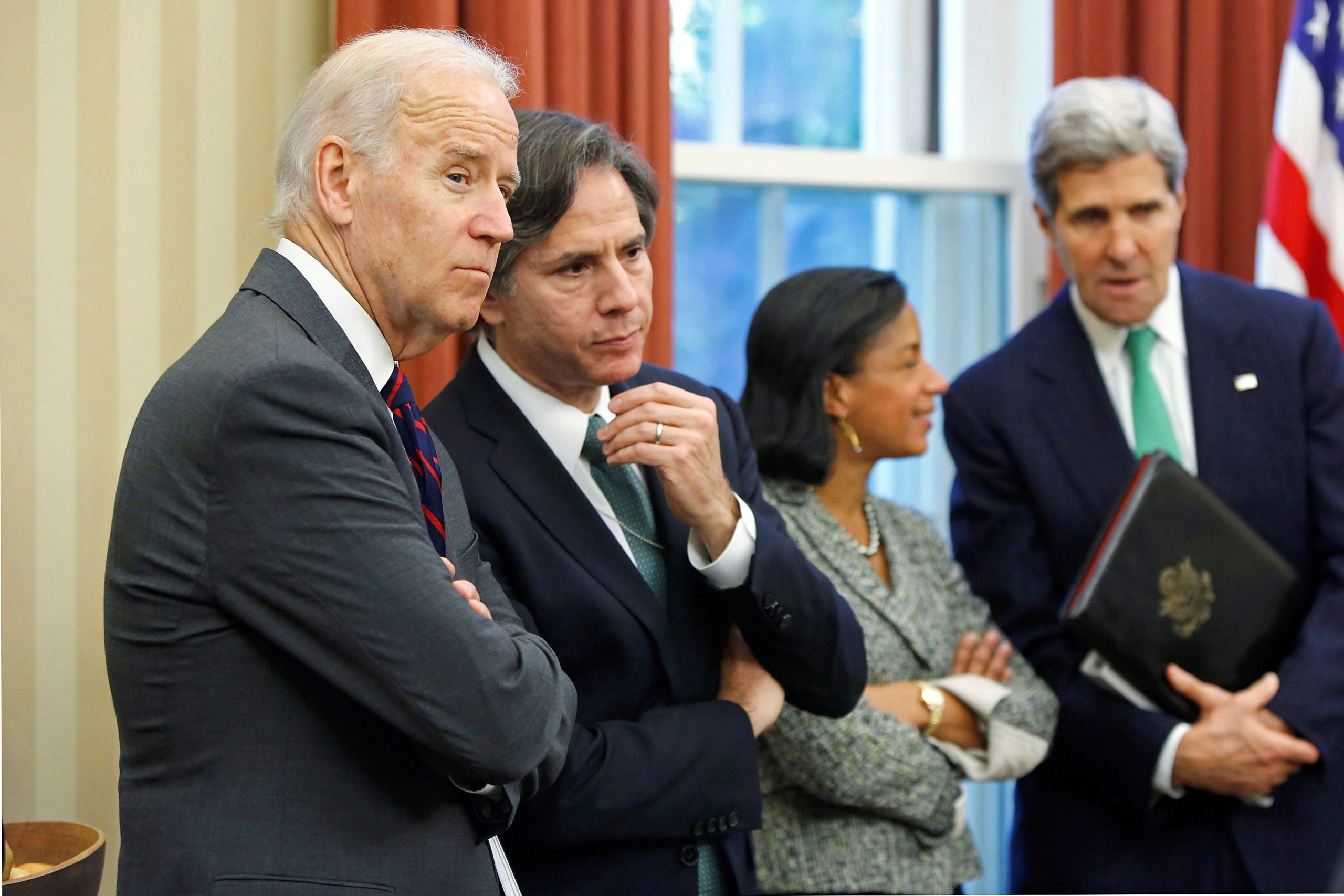 FILE PHOTO: (L-R) Then U.S. Vice President Joe Biden, Deputy National Security Advisor Tony Blinken, National Security Advisor Susan Rice and Secretary of State John Kerry listen as President Barack Obama and Iraqi Prime Minister Nuri al-Maliki address reporters after their meeting in the Oval Office at the White House in Washington, November 1, 2013.     REUTERS/Jonathan Ernst/File Photo