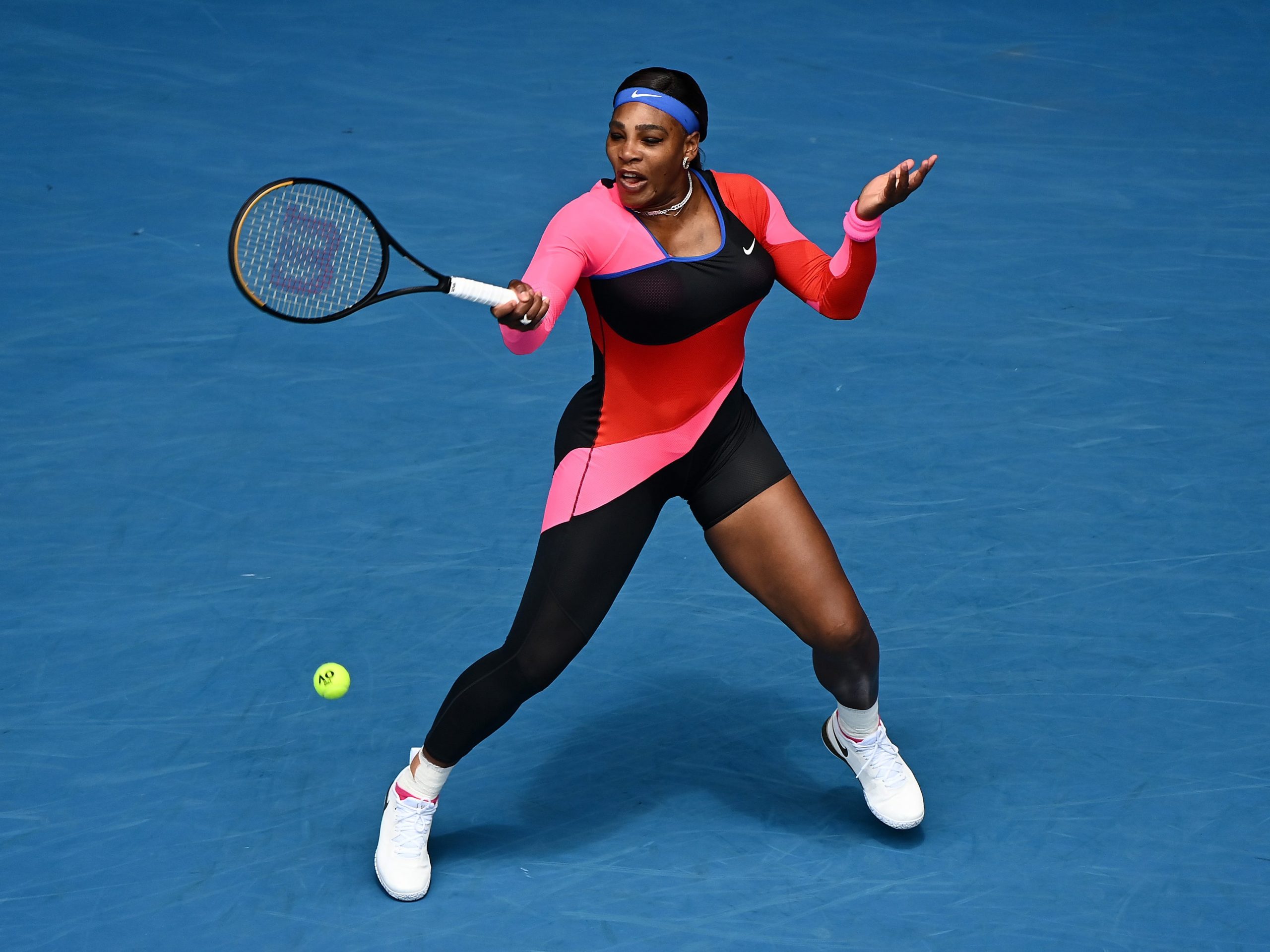 Serena Williams Wore A One Legged Pink Red And Black Catsuit For Her First Match In The