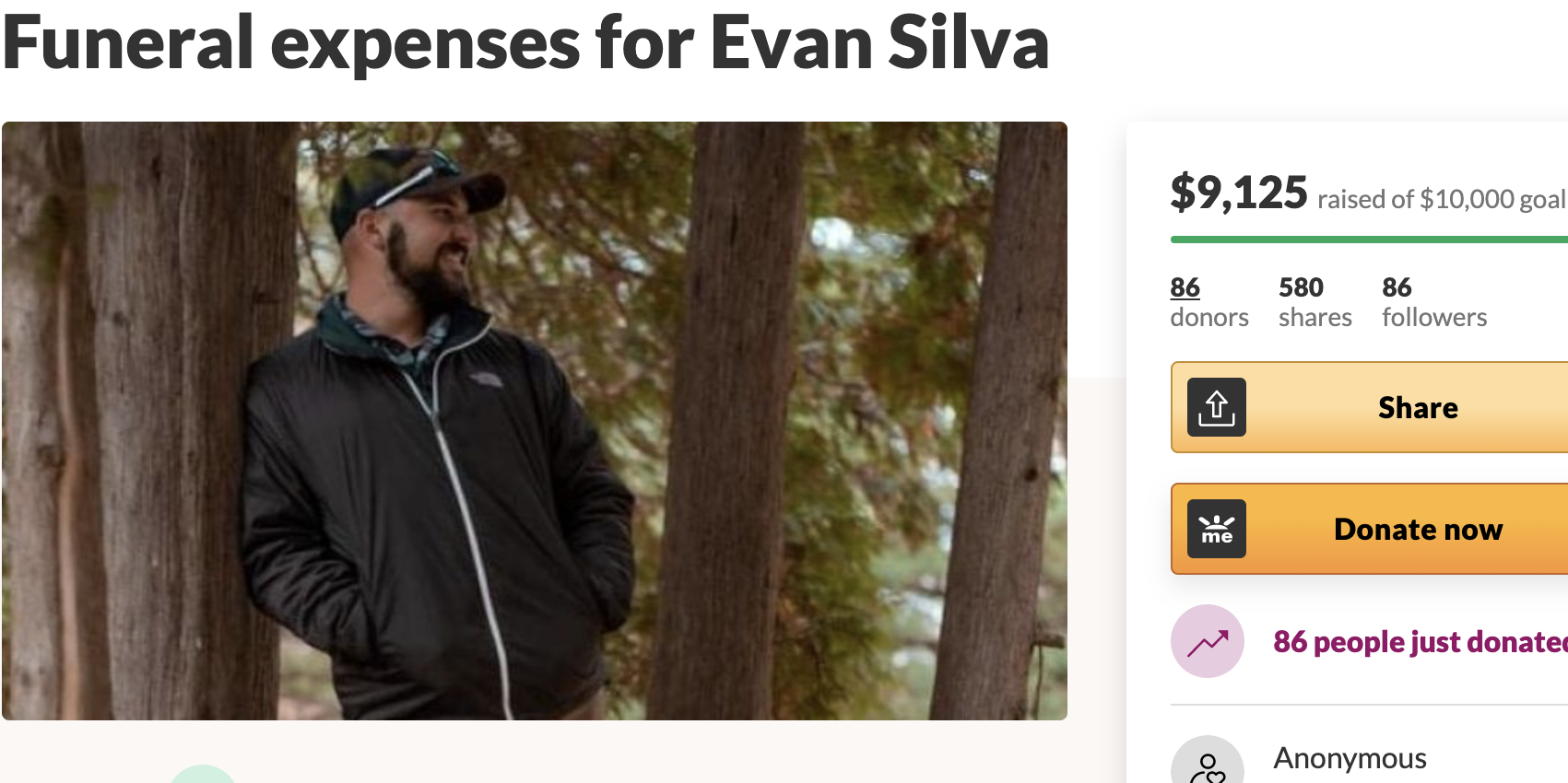 A GoFundMe for Evan Silva's funeral expenses.