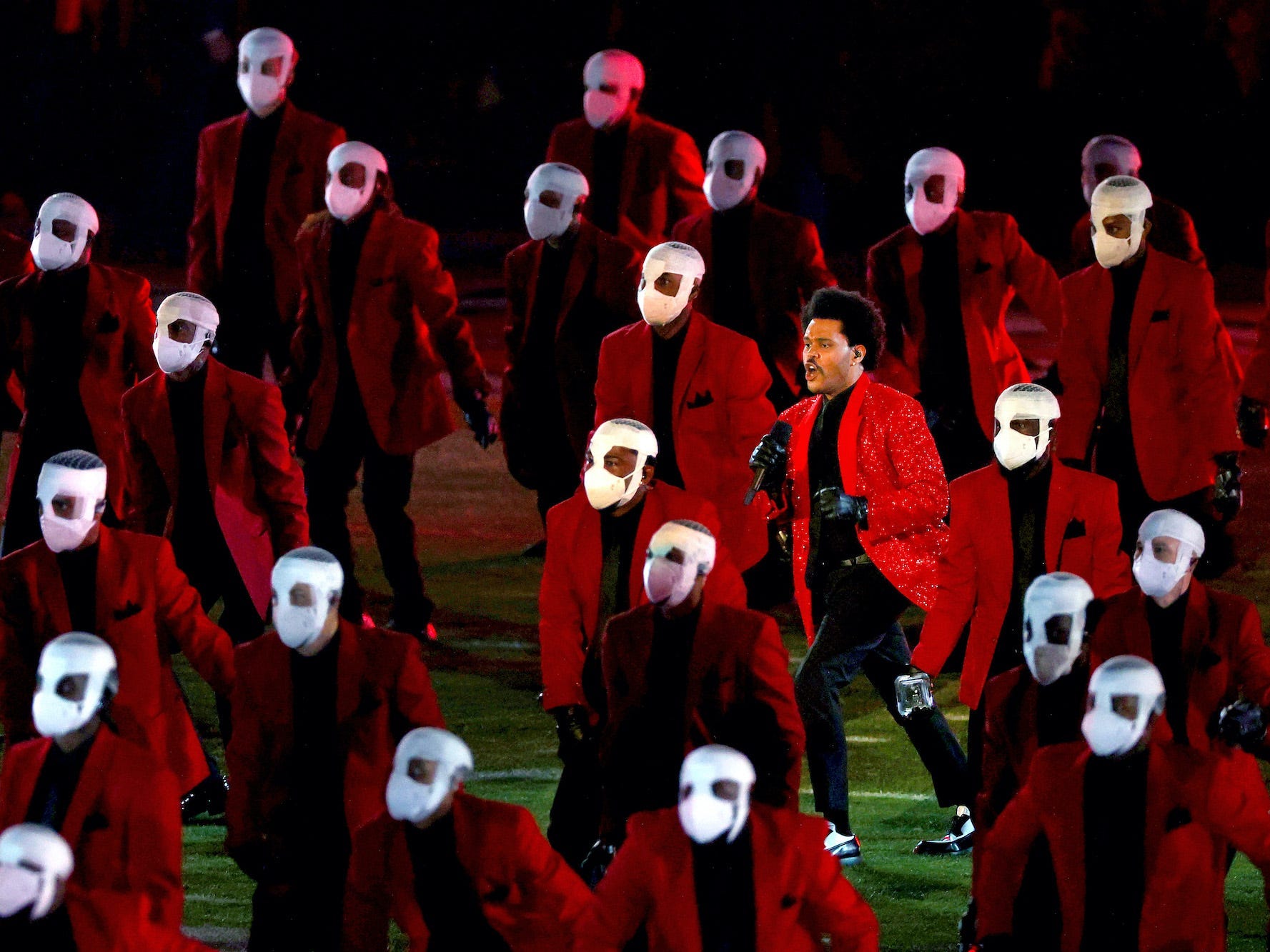 the weeknd superbowl halftime show stage outfits