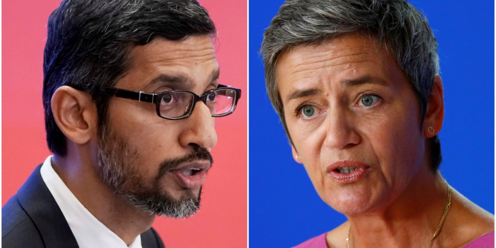 CEO Sundar Pichai van Google en eurocommissaris Margrethe Vestager van Mededinging.