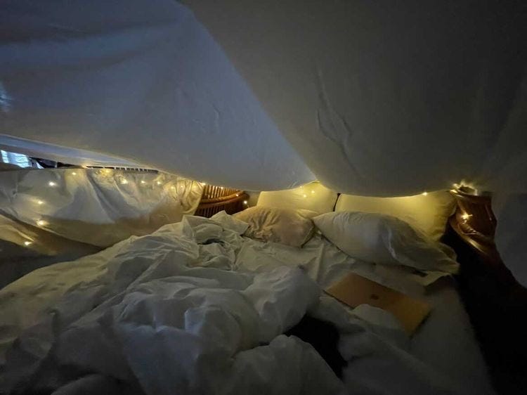 Cawford and Patel moved their bed to the living room, using battery operated lights to light the space.