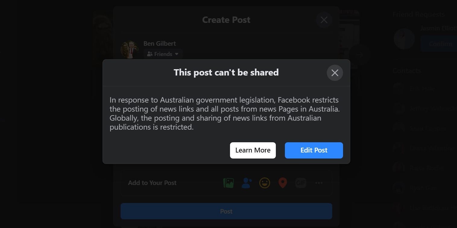 Facebook news block in Australia