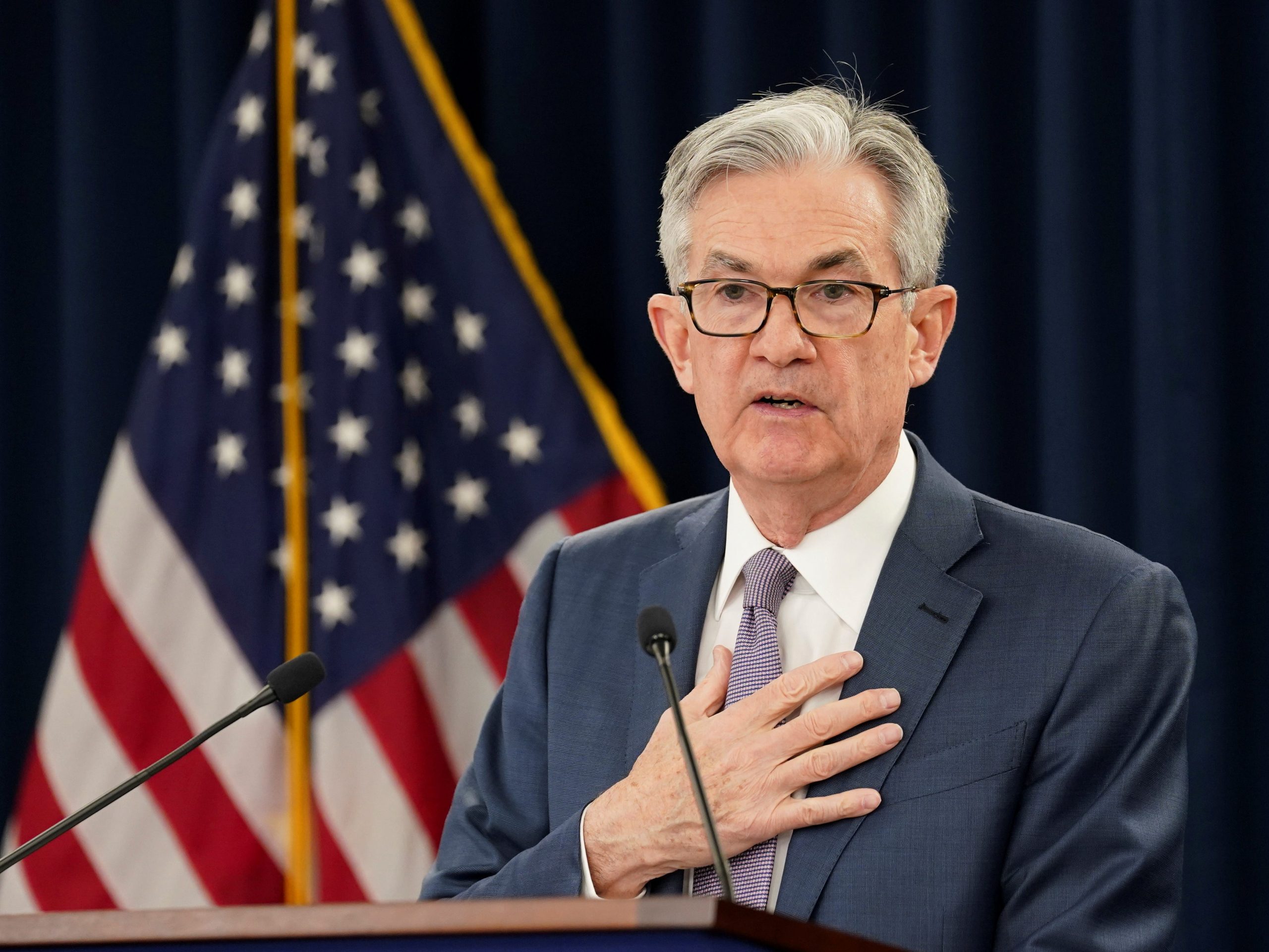 FILE PHOTO: U.S. Federal Reserve Chairman Jerome Powell speaks to reporters after the Federal Reserve cut interest rates in an emergency move designed to shield the world's largest economy from the impact of the coronavirus, during a news conference in Washington, U.S., March 3, 2020. REUTERS/Kevin Lamarque 