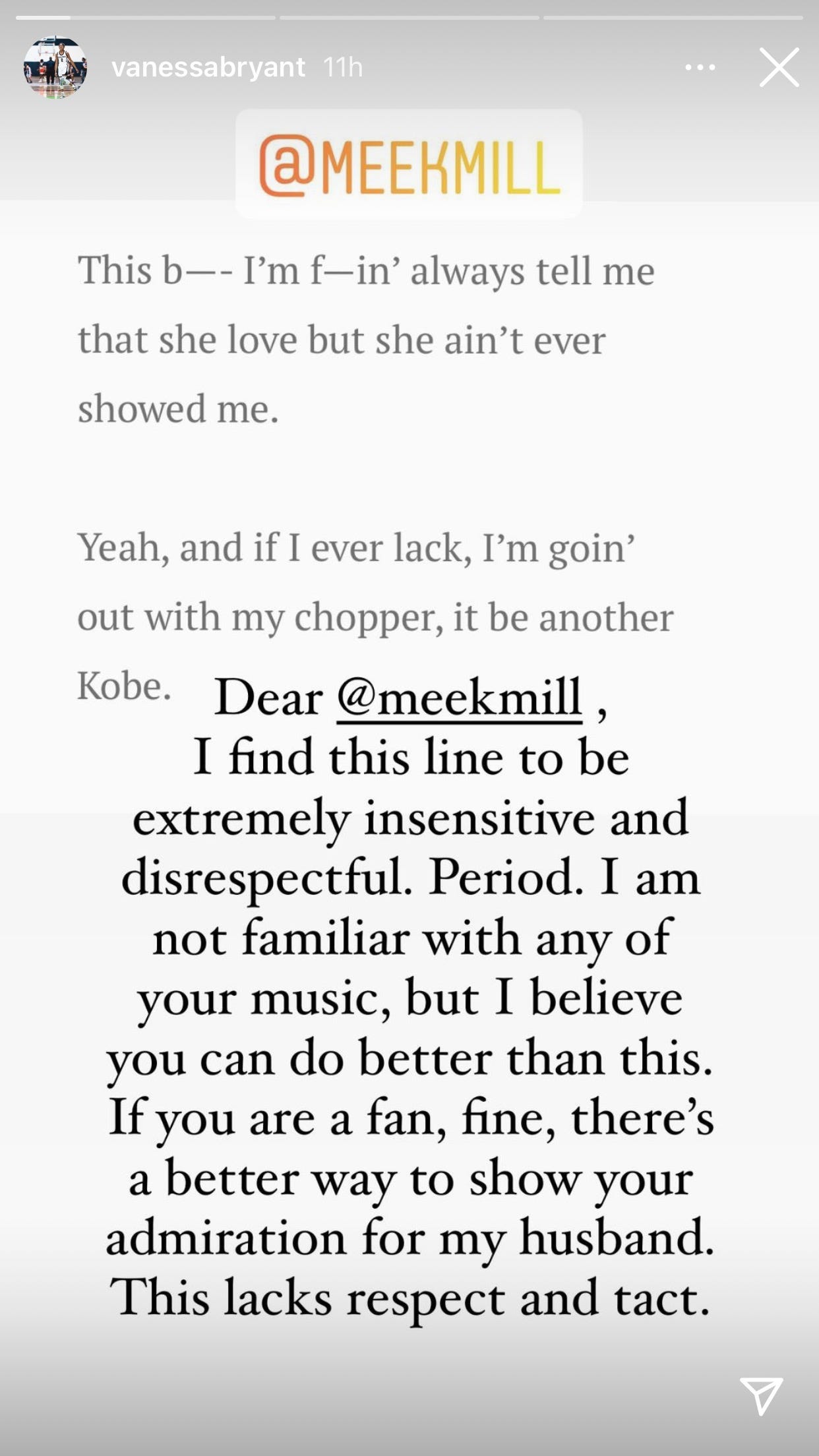 vanessa bryant meek mill response