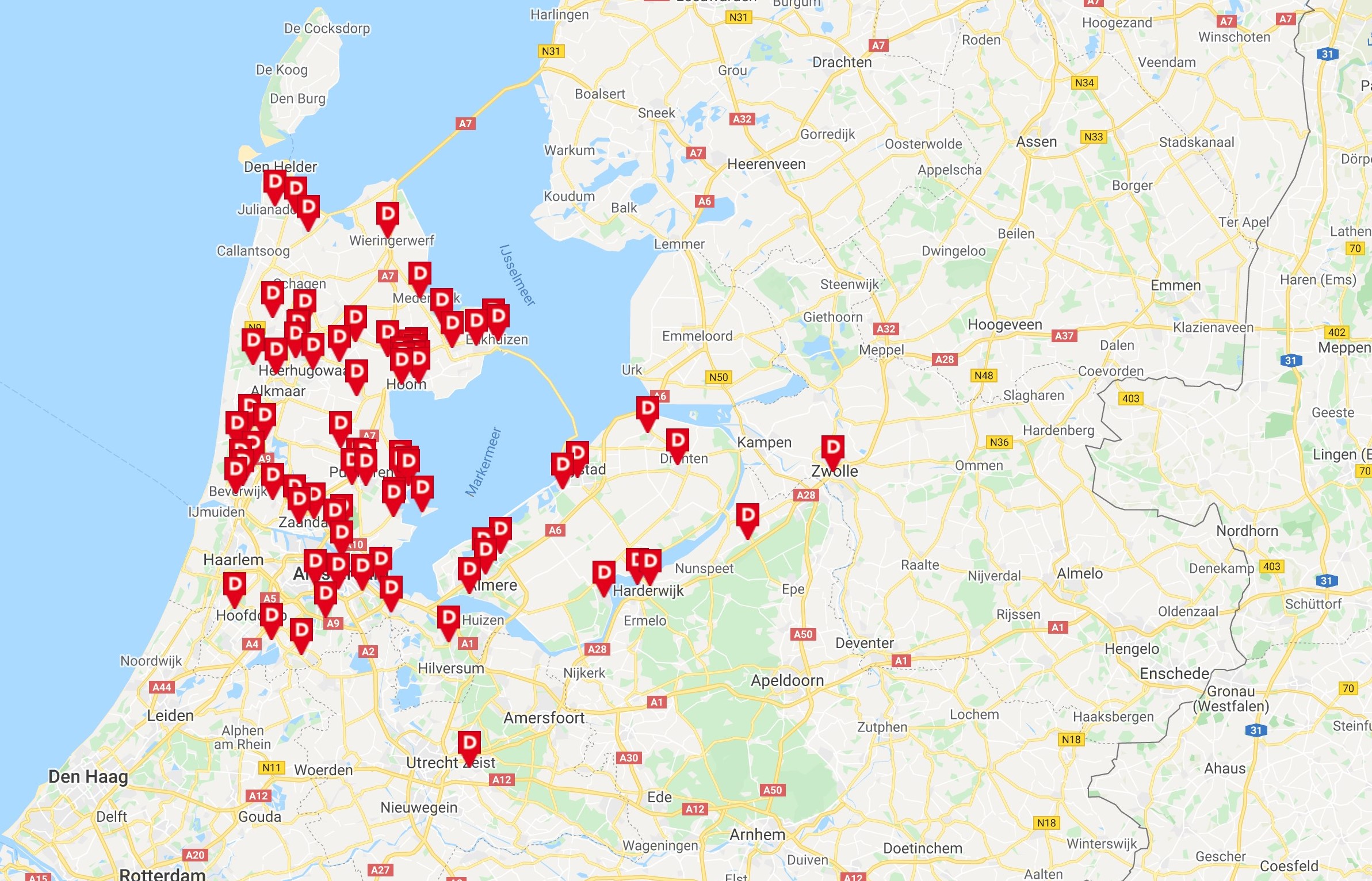 DEEN heeft voornamelijk filialen in Noord-Holland. Bron: DEEN