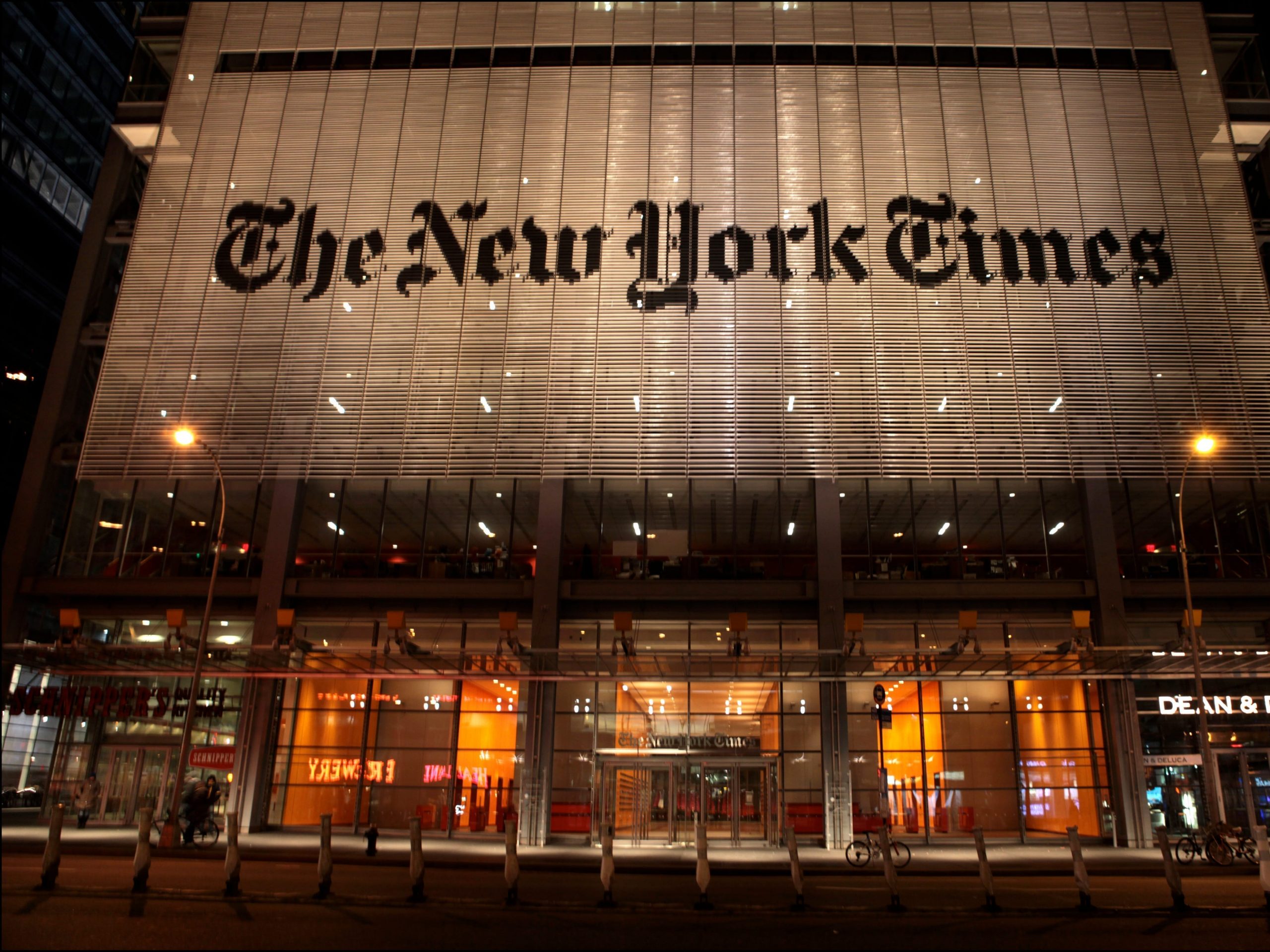 Nighttime view of the New York Times Building