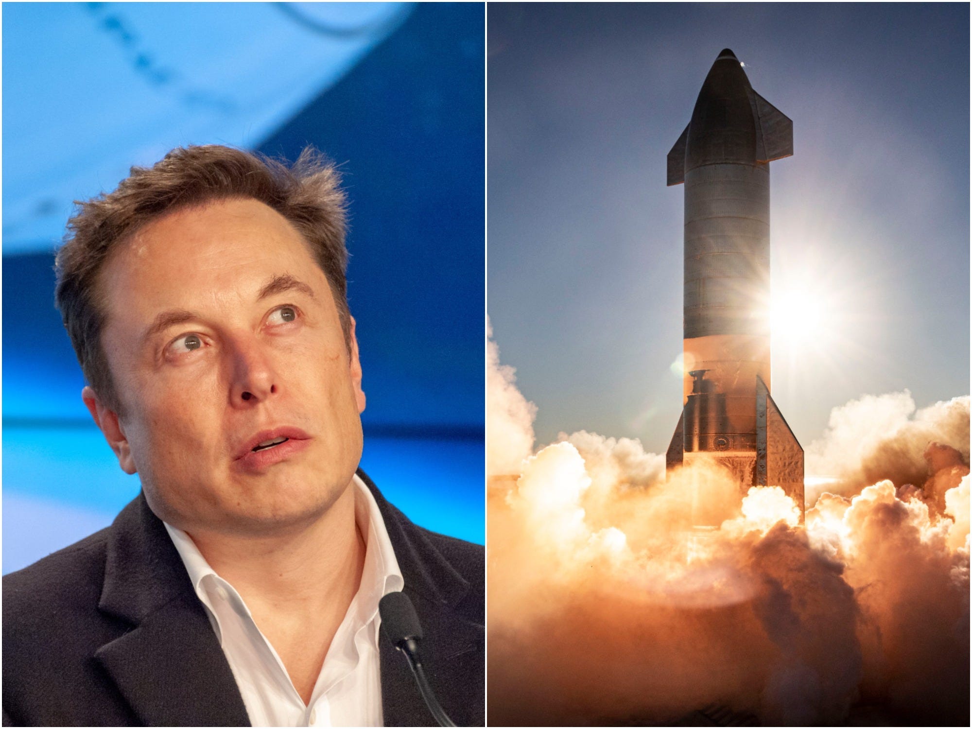 Left: SpaceX founder Elon Musk at a press briefing on March 2, 2019. Right: SpaceX's Starship serial No. 8 rocket prototype launches from a pad in Boca Chica, Texas, on December 9, 2020.