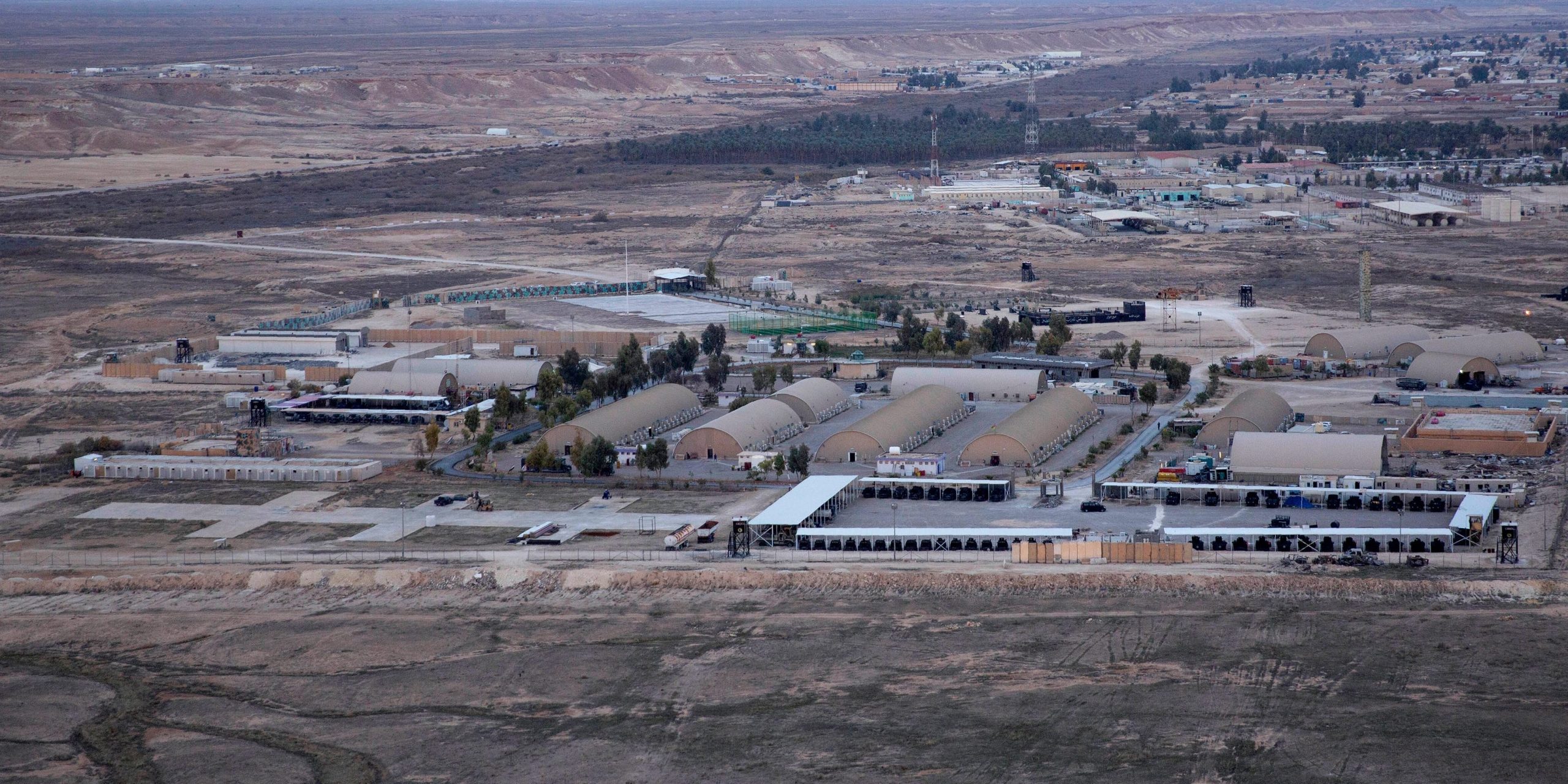 Aerial file photo taken from a helicopter shows Ain al-Asad air base in the western Anbar desert, Iraq