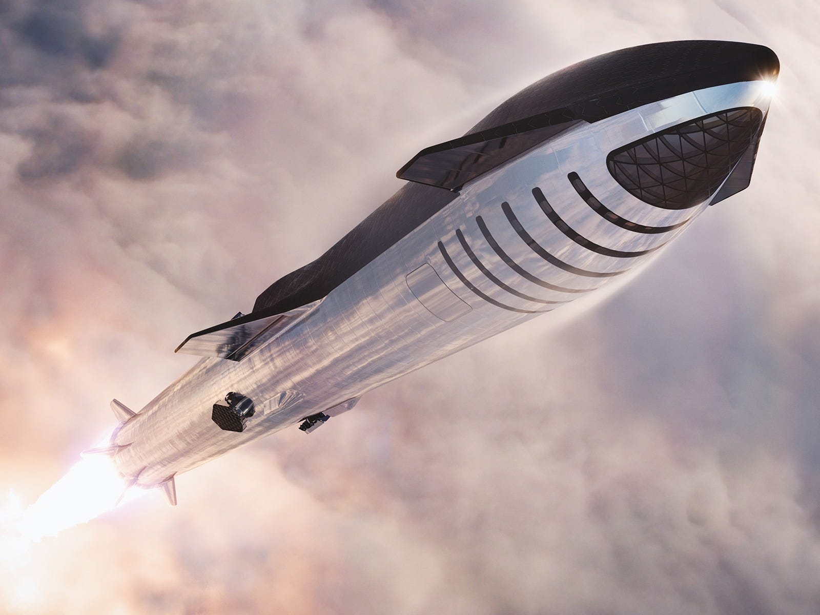 illustration starship spaceship rocket ship super heavy booster launching clouds looking down earth spacex