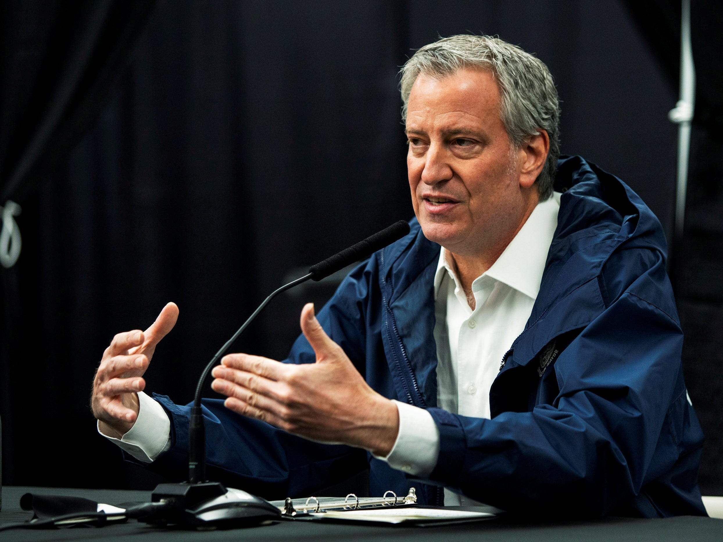 FILE PHOTO: New York City Mayor Bill De Blasio speaks to the media during a press conference In the Queens borough of New York City, New York, U.S., April 10, 2020. REUTERS/Eduardo Munoz