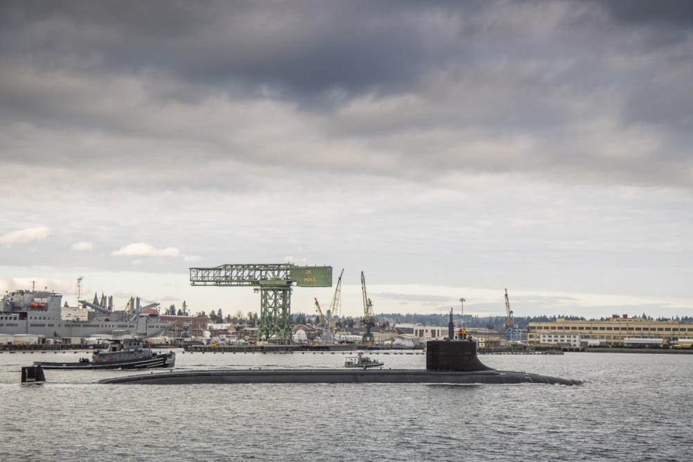 The Seawolf-class fast-attack submarine USS Connecticut leaving port
