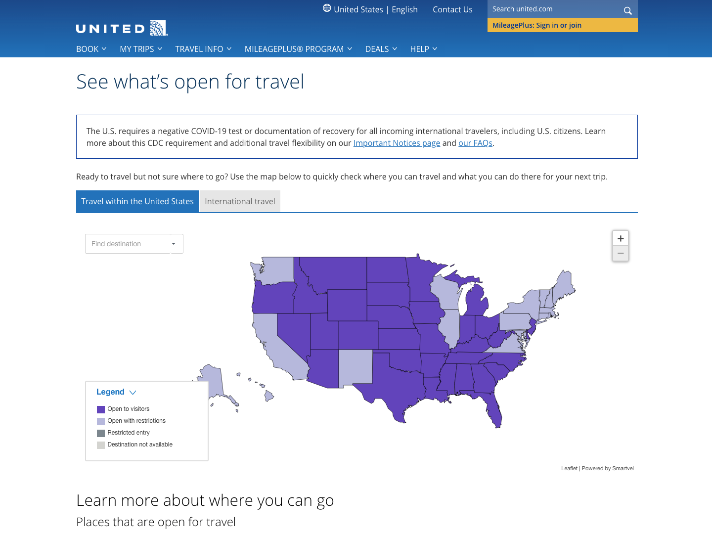 United Airlines interactive map website where can you travel