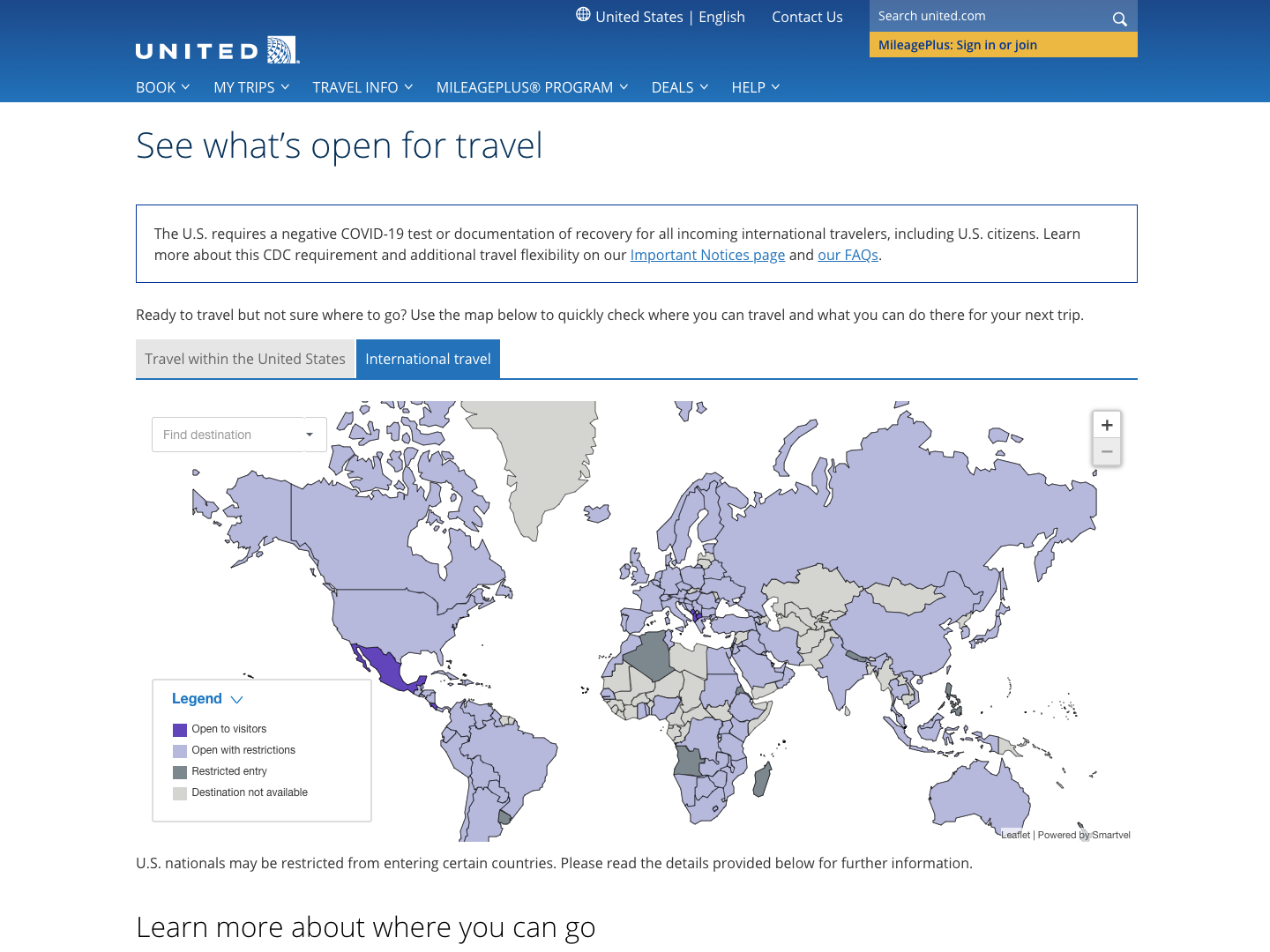 United Airlines website interactive map travel