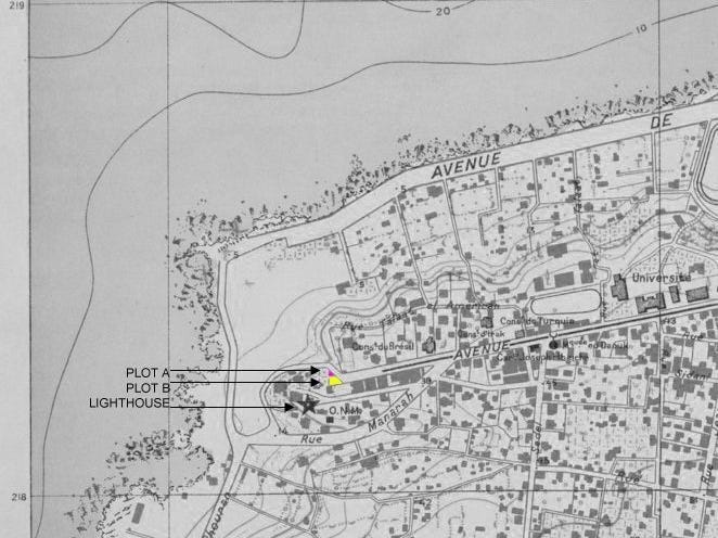 Location map showing plot A (where the "Grudge" was built, and adjacent plot B, and the nearby lighthouse (Manara). Old map of Beirut, adapted by Sandra Rishani.