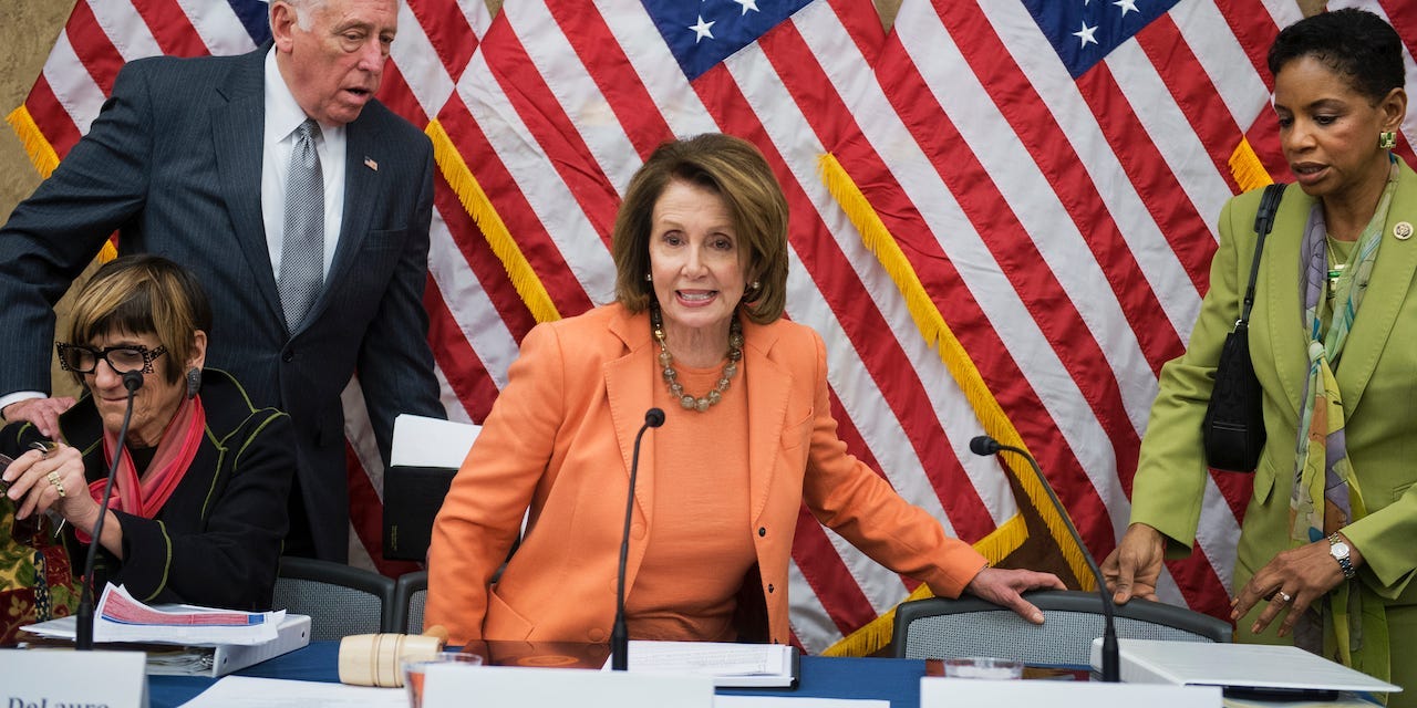 From left, Rep. Rosa DeLauro, D-Conn., House Minority Whip Steny Hoyer, D-Md., House Minority Leader Nancy Pelosi, D-Calif., and Rep. Donna Edwards, D-Md., attend a House Democratic Steering and Policy Committee hearing in the Capitol Visitor Center titled "The Failure of Trickle Down Economics in the War on Poverty," April 14, 2016.