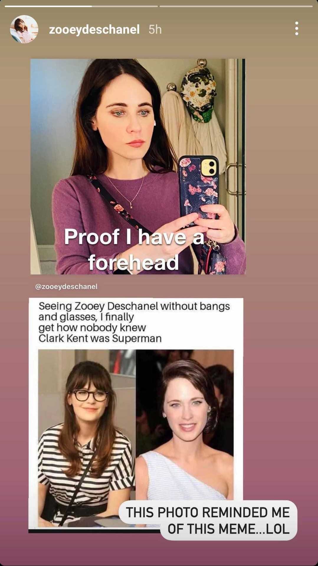 zooey deschanel instagram story no bangs forehead photo march 2021