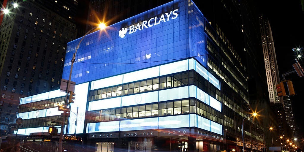 Nighttime view of Barclays Bank in New York