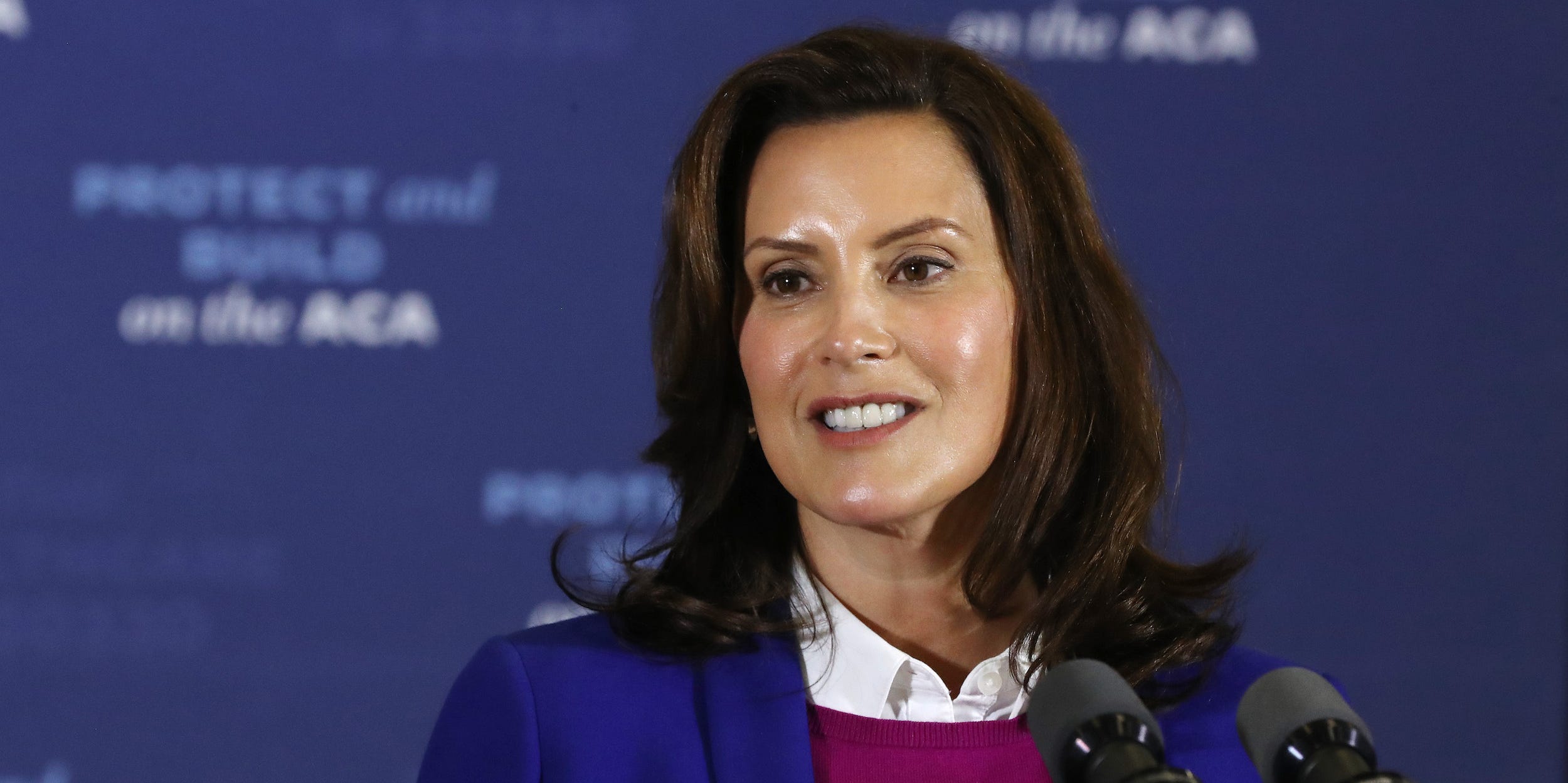 Gov. Gretchen Whitmer introduces Democratic presidential nominee Joe Biden delivers remarks about health care at Beech Woods Recreation Center October 16, 2020 in Southfield, Michigan.