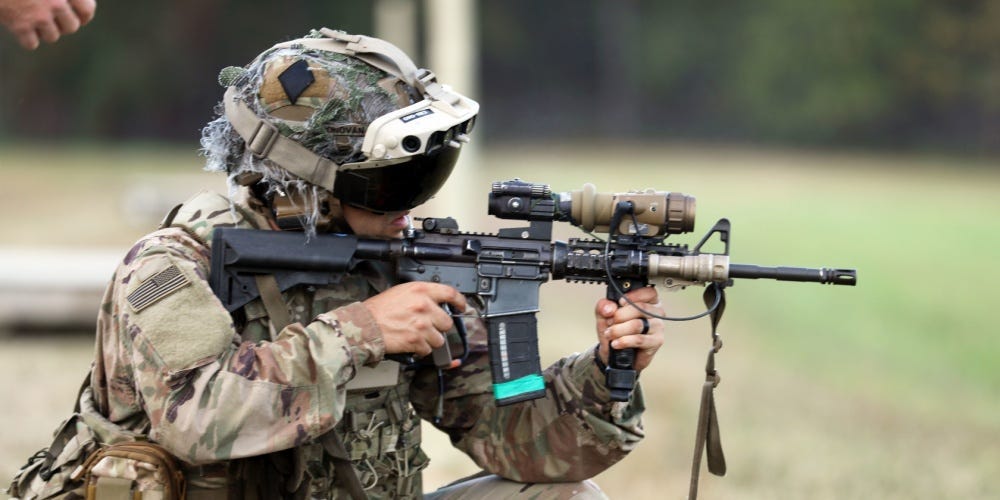 A US Army soldier wearing a prototype IVAS headset.