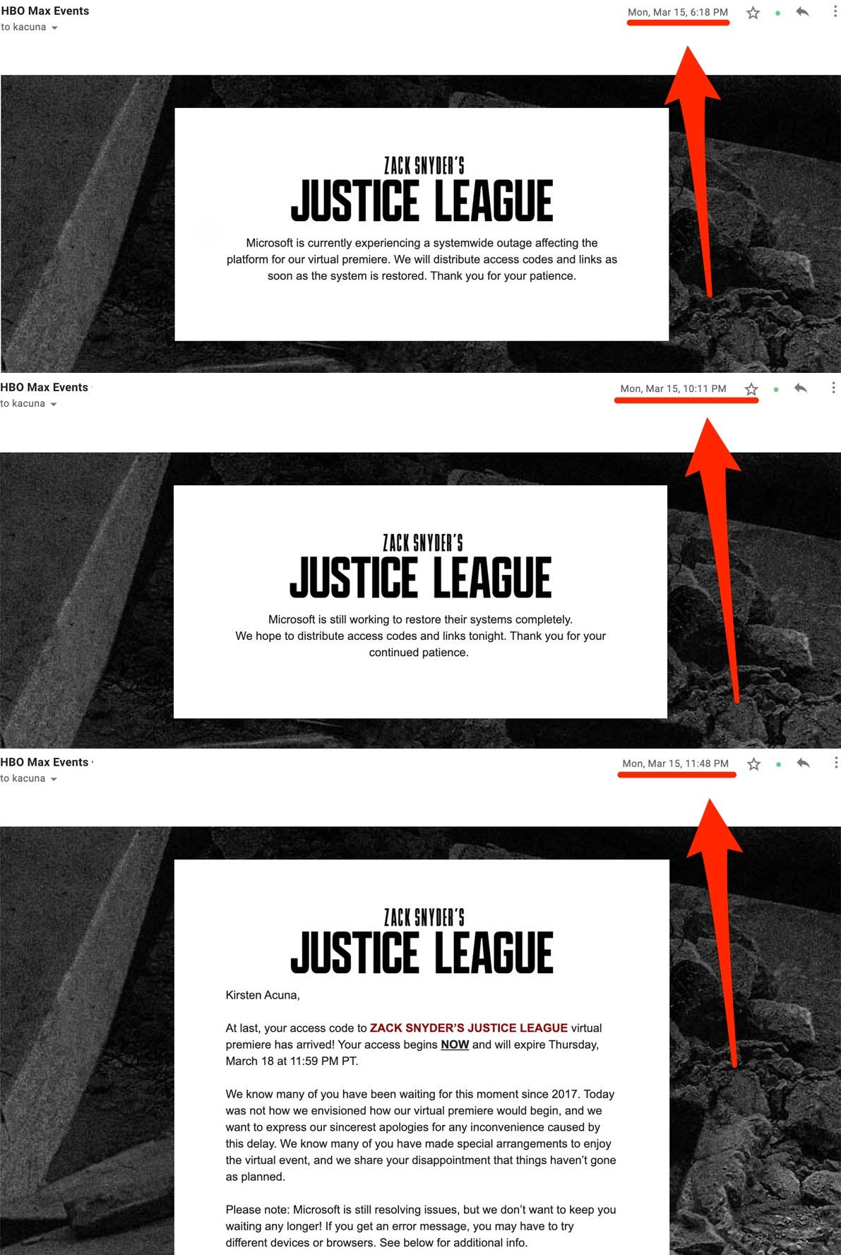 justice league premiere emails 