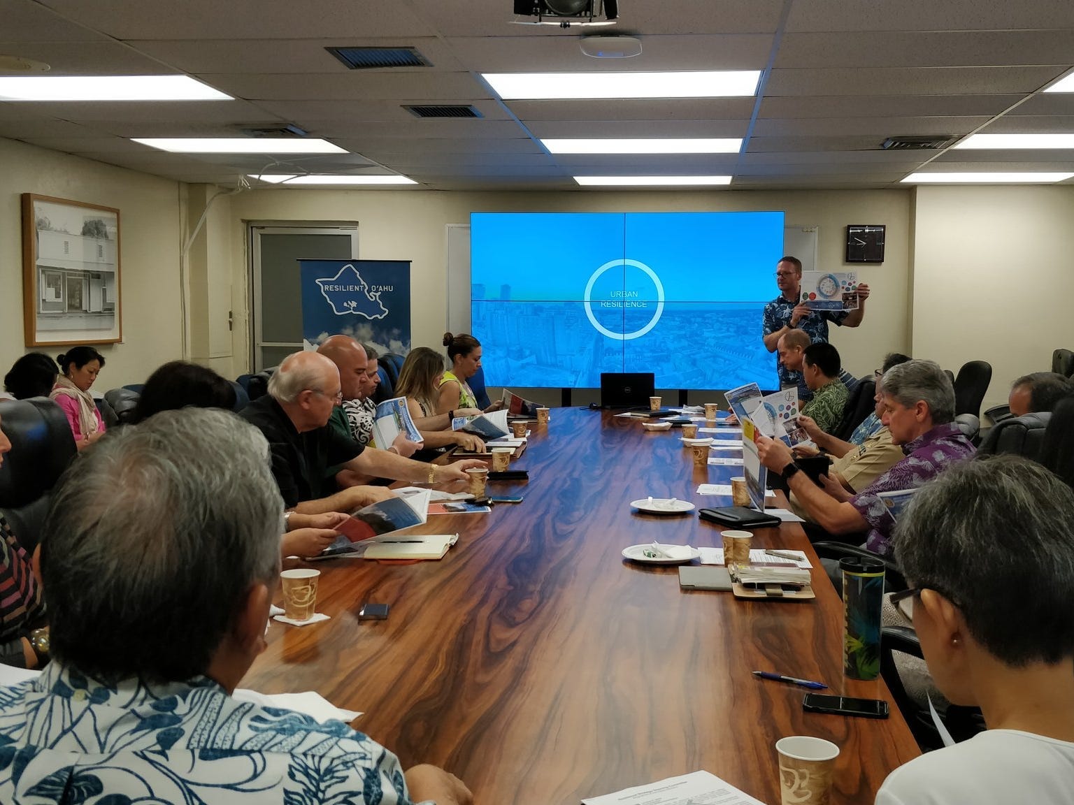 Oʻahu Resilience Strategy Steering Committee members meeting during development phase of the strategy, which includes Honolulu Mayor Rick Blangiardi.