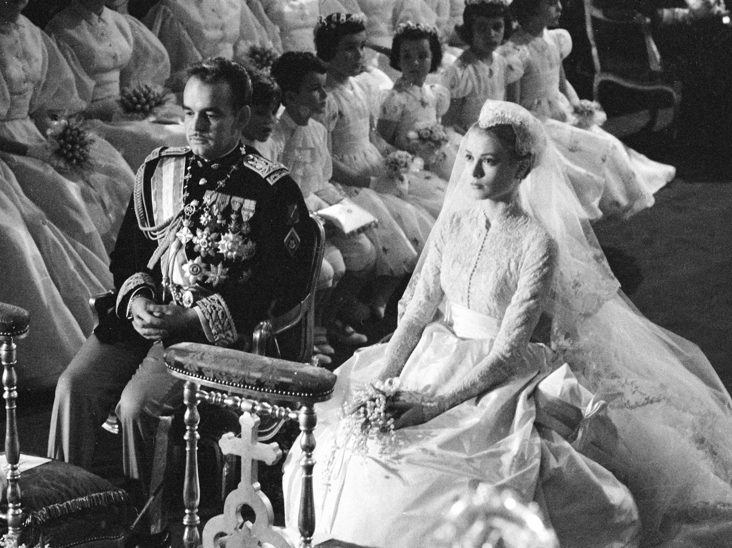 Prince Rainier of Monaco and American actress Grace Kelly during their wedding ceremony at the Cathedral of Saint Nicholas, Monte Carlo in 1956.