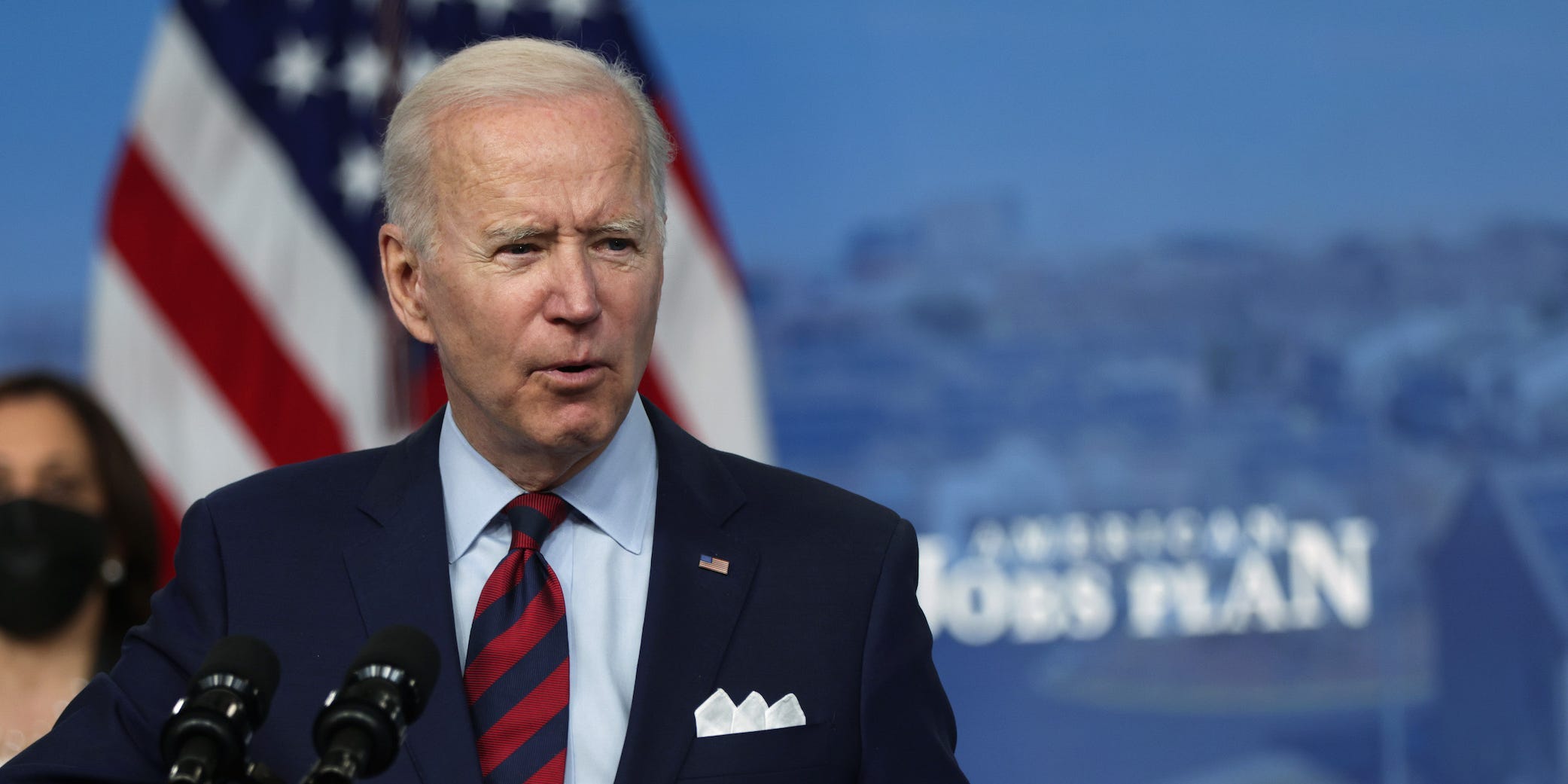President Joe Biden speaks as Vice President Kamala Harris listens during an event at the South Court Auditorium at Eisenhower Executive Office Building April 7, 2021 in Washington DC. President Biden delivered remarks on the administration’s “American Jobs Plan.”