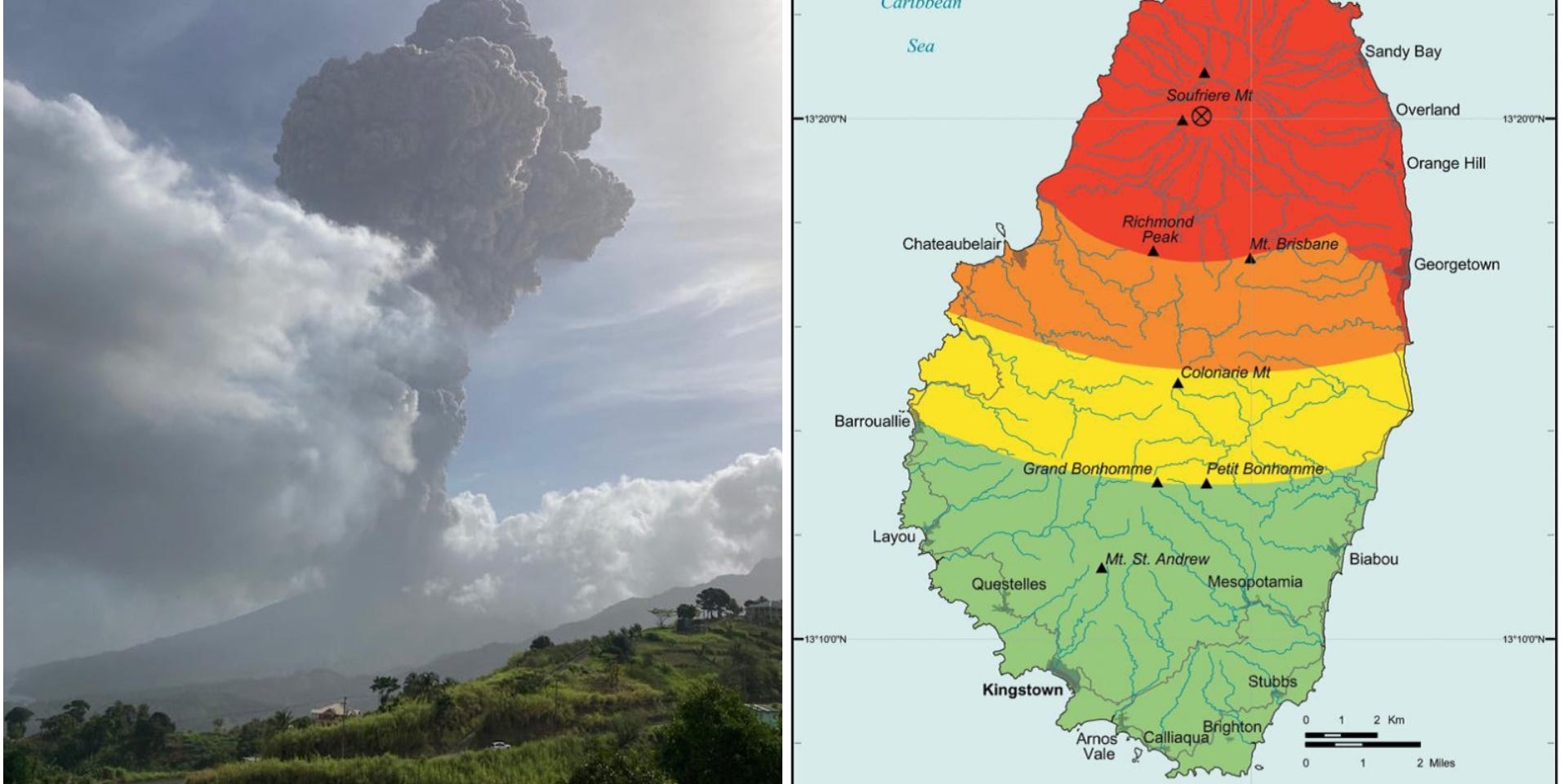 The volcano eruption on St. Vincent and a map of what areas are in danger.