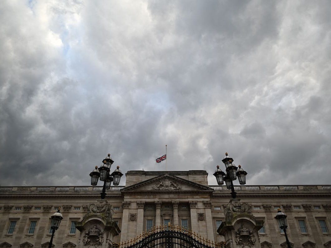 The Union Flag flies at half-mast at Buckingham Palace in central London on April 9, 2021 after the announcement of the death of Britain's Prince Philip, Duke of Edinburgh.